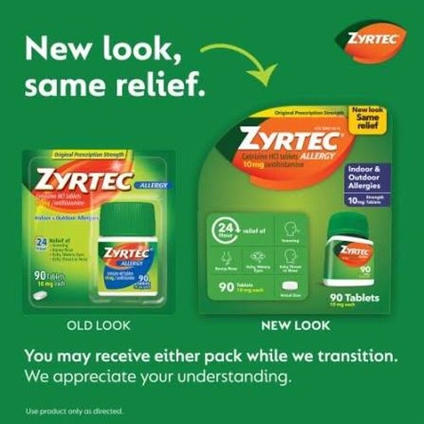 Zyrtec 24-Hour Allergy Relief Tablets 10mg Cetirizine 60 Count Pack of 3 (180ct)