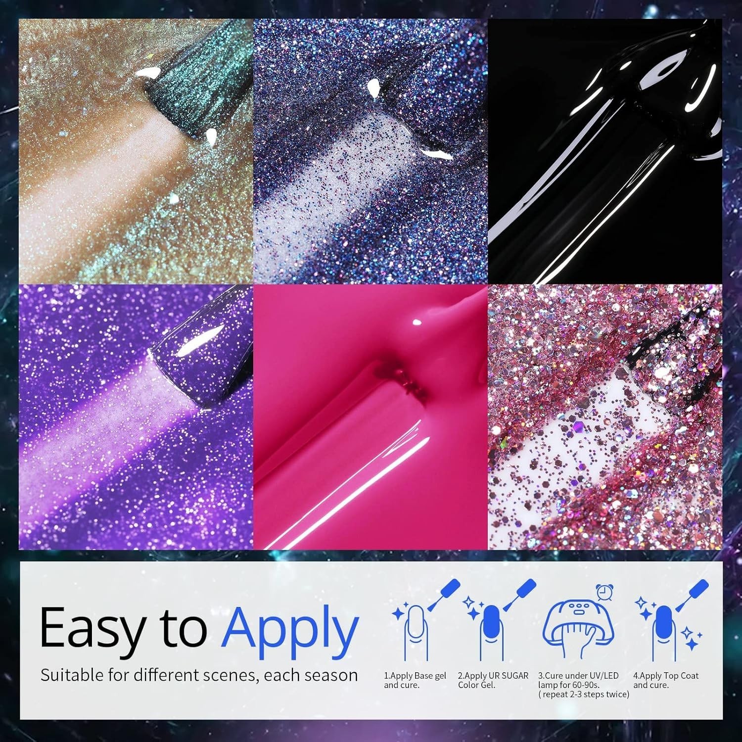 UR SUGAR Glitter Gel Nail Polish Set, 6 Colors Glitter 9D Cat Magnetic Eye Black