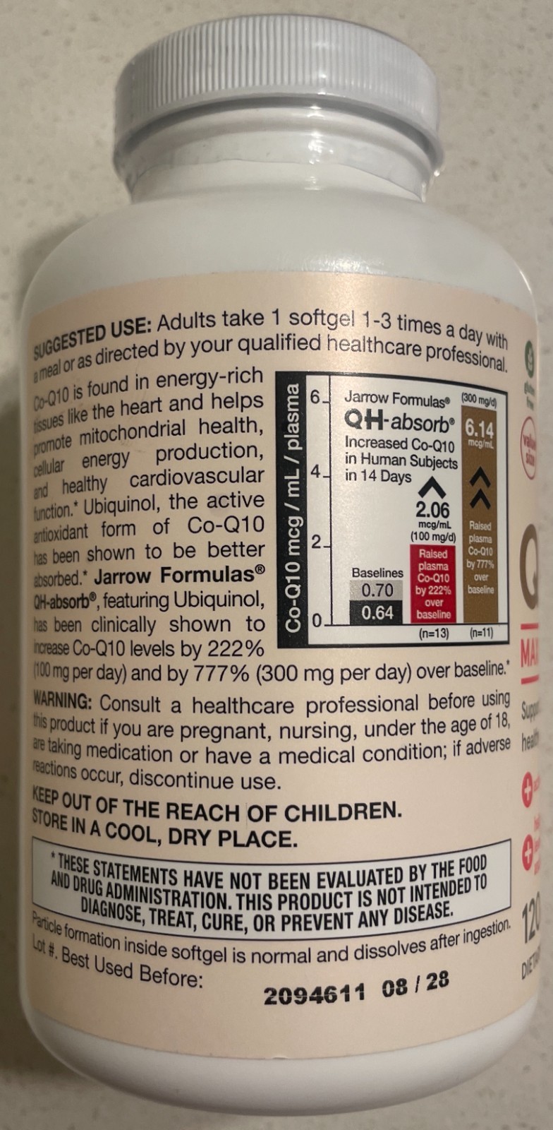 Jarrow Formulas Ubiquinol QH-absorb 100 mg – 120 Softgels – Expires 11/2028