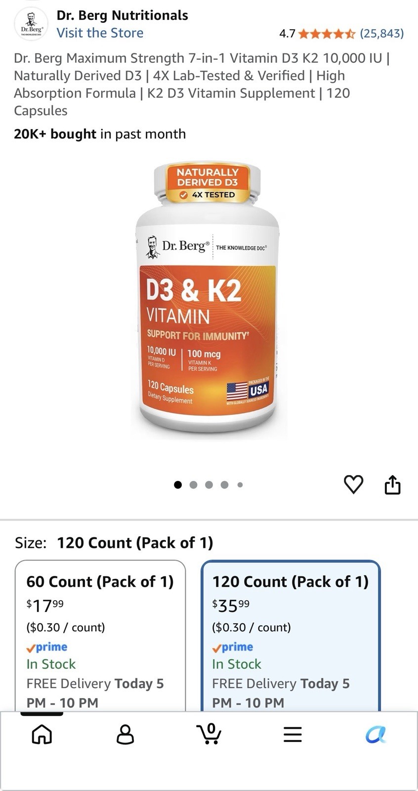 FOUR Dr. Berg’s Nutritionals 100mg Vitamin D3 & K2 Supplement – 120 Capsules