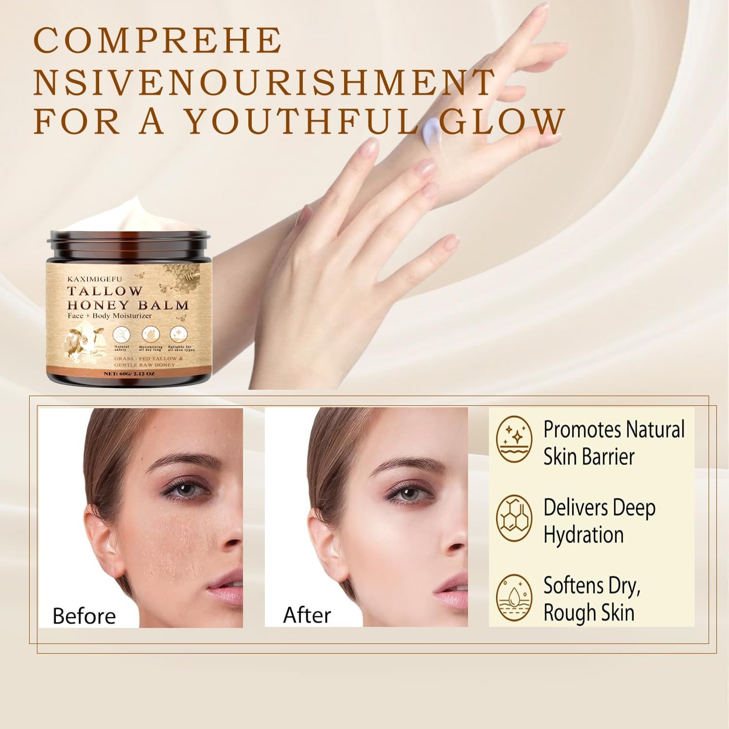 Grass Fed Whipped Beef Tallow Balm Honey Face Body Cream SPF20 2.8oz