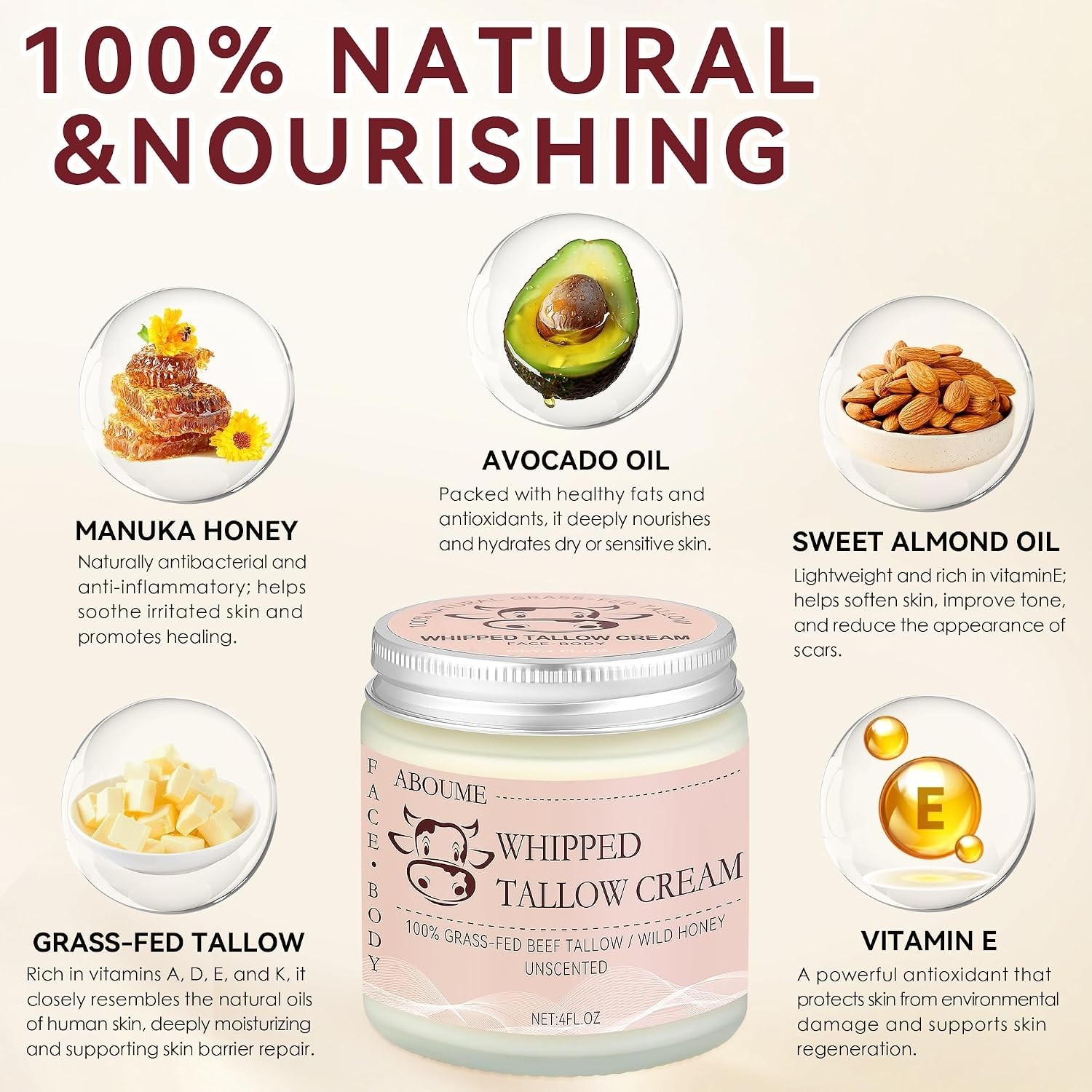 Grass Fed Whipped Beef Tallow Balm Face Body Cream Sensitive Skin 4oz