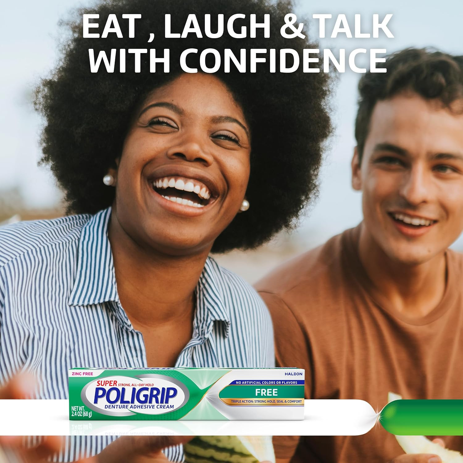 Poligrip Free Denture Adhesive Cream, Strong All Day Hold, Food Seal, Comfort, C