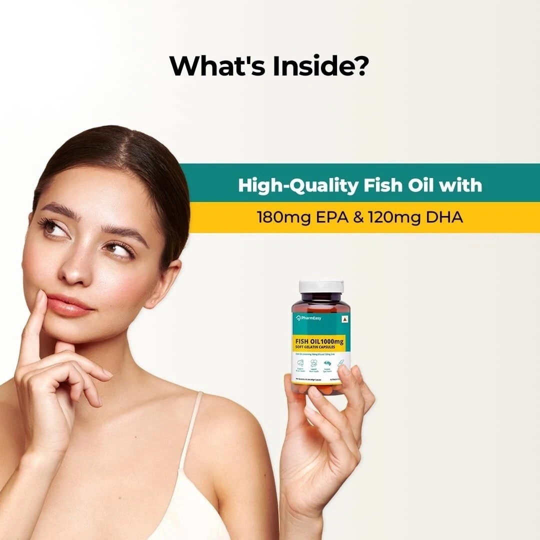 PharmEasy Fish Oil 1000mg Omega-3 Capsules 4 Heart Brain Skin Joints, Pack of 60