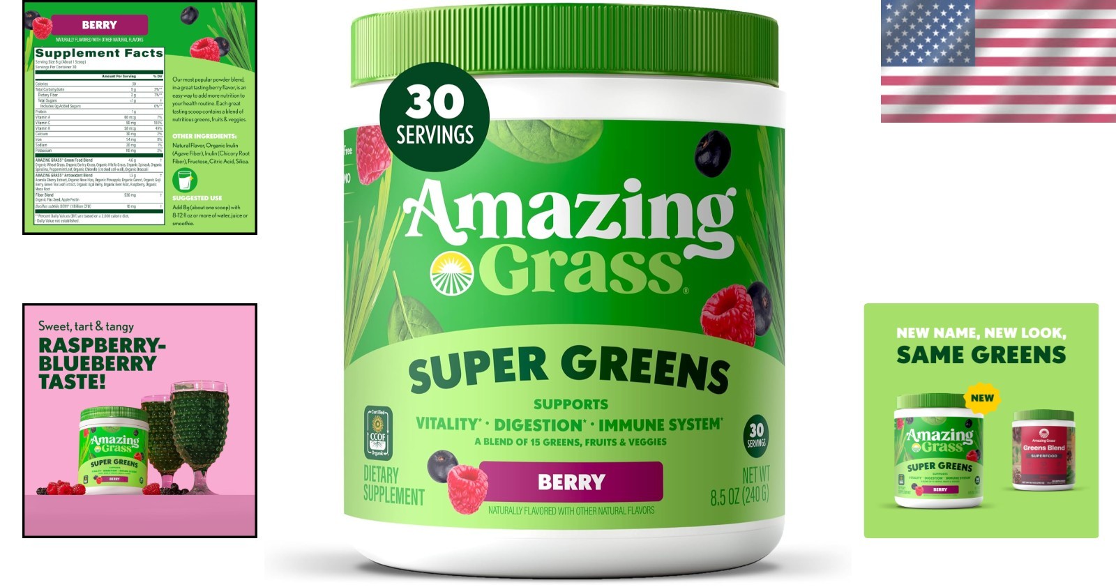 30 Servings Berry-Flavored Organic Superfood Powder with Spirulina & Probiotics