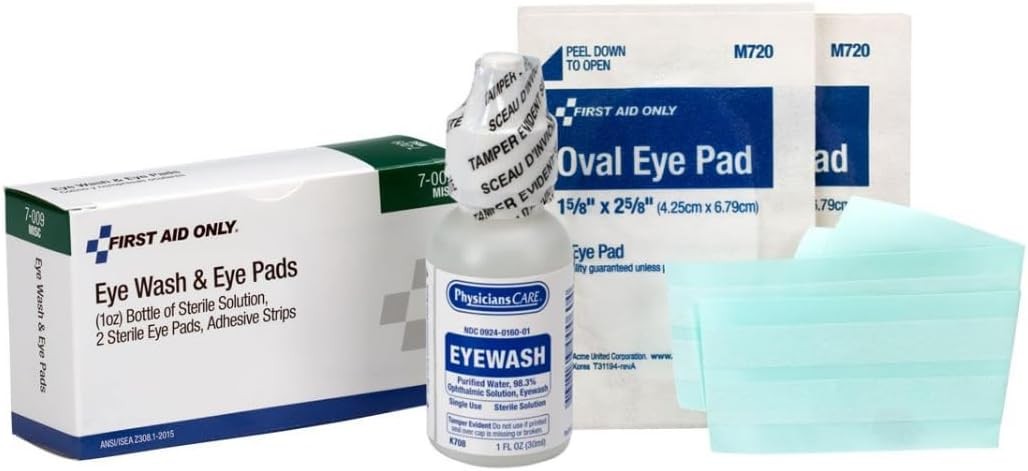 First Aid Only 5-Piece Eye Wash Kit with Oval Eye Pads, First Aid Adhesive Strip