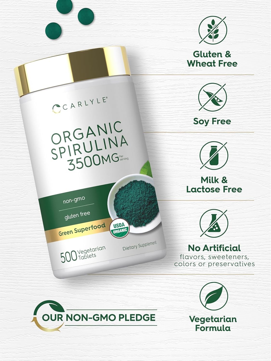 Organic Spirulina Tablets 3500mg | 500 Count | Vegetarian, Non-GMO | by Carlyle