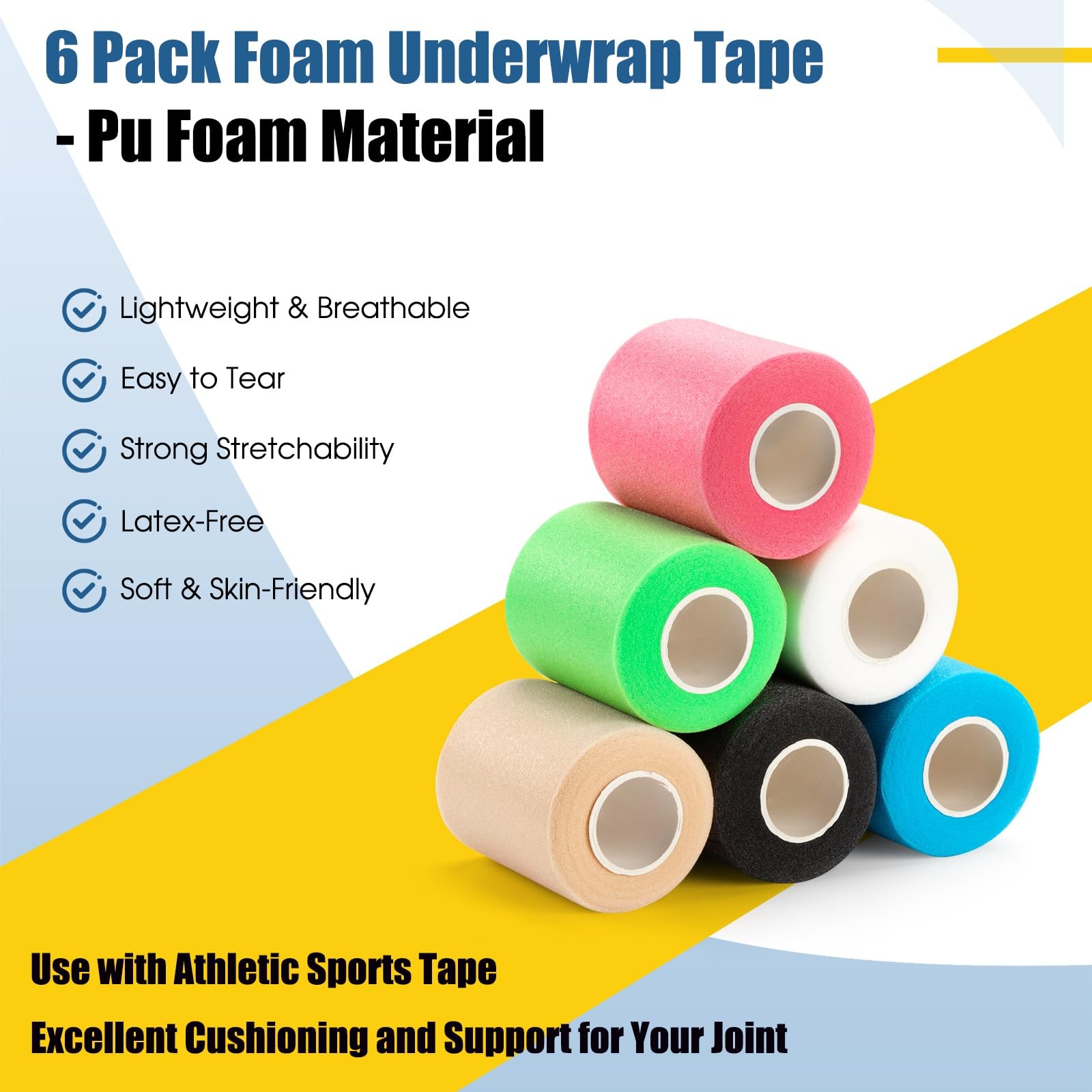 Pre Wrap Athletic Tape 6 Pack, 2.76 Inch x 11 Yards Foam Underwrap Bandage, Foam