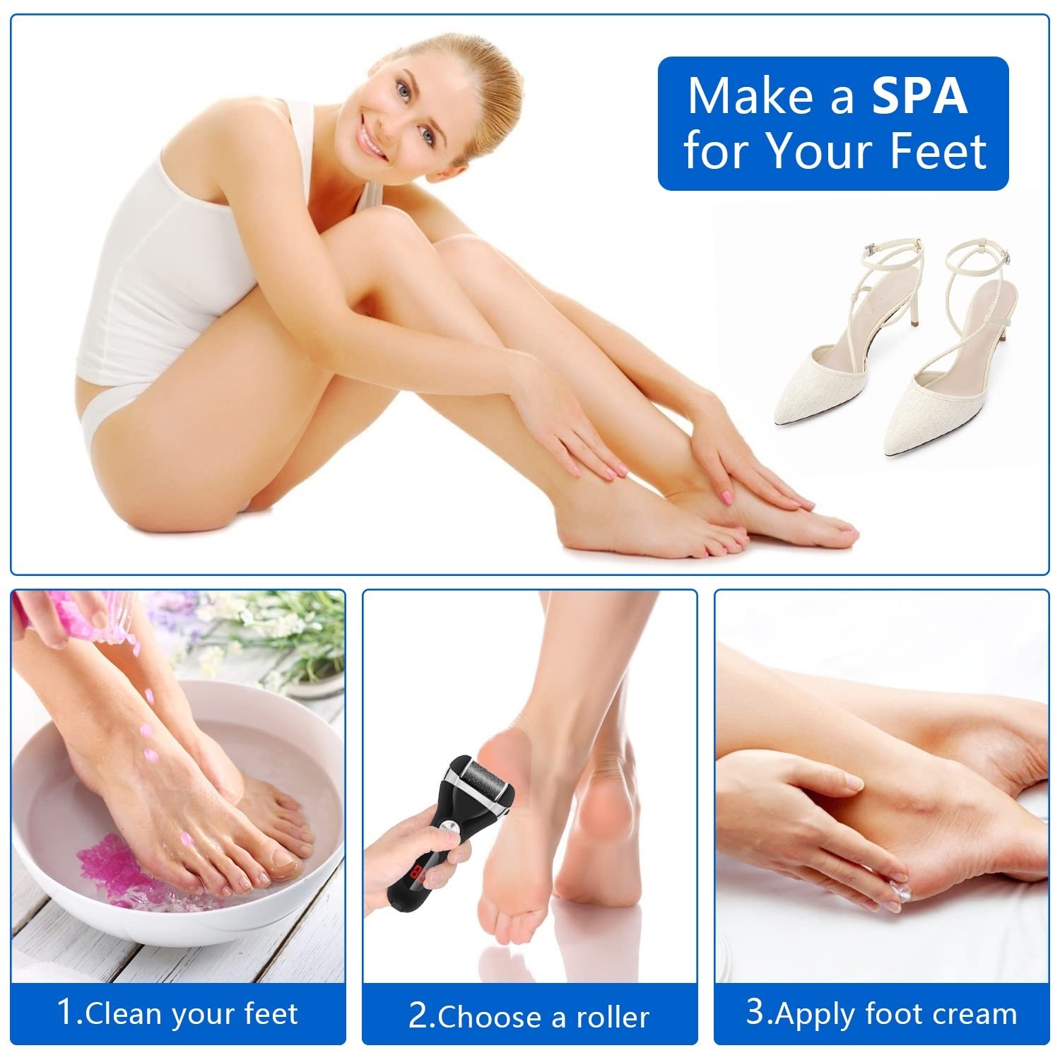 Rechargeable Electric Foot Callus Remover Kit – 3 Rollers, 2 Speeds, Battery Dis