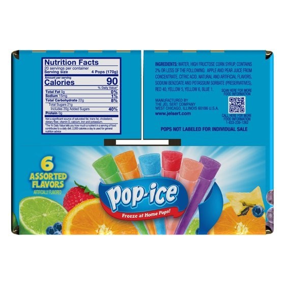 Pop-Ice Assorted Fruit Freezer Ice Pops, Gluten-Free Frozen Snack, 1.5 oz, 80 Ct
