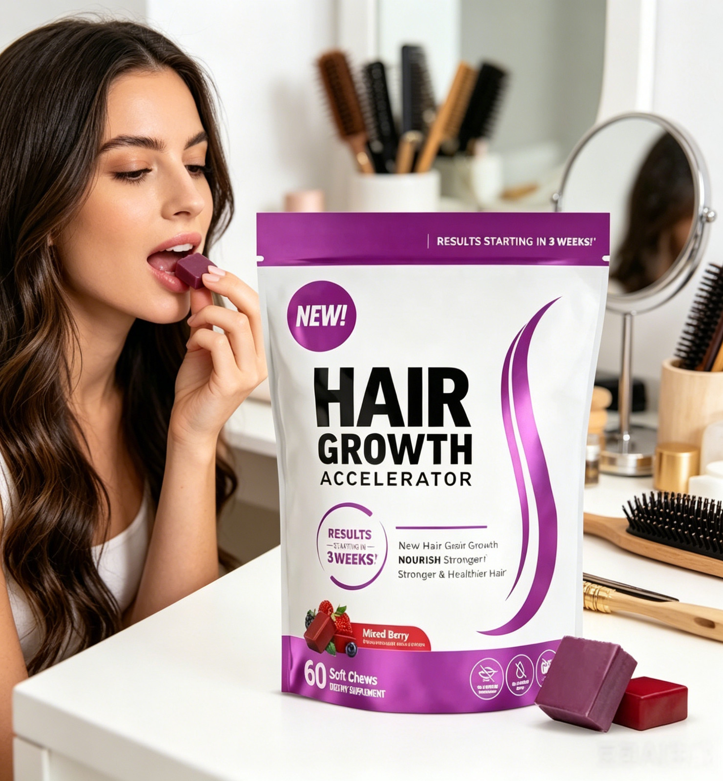 Hair Growth Accelerator Soft Chews Force Factor Lustriva Biotin 60 Mixed Berry