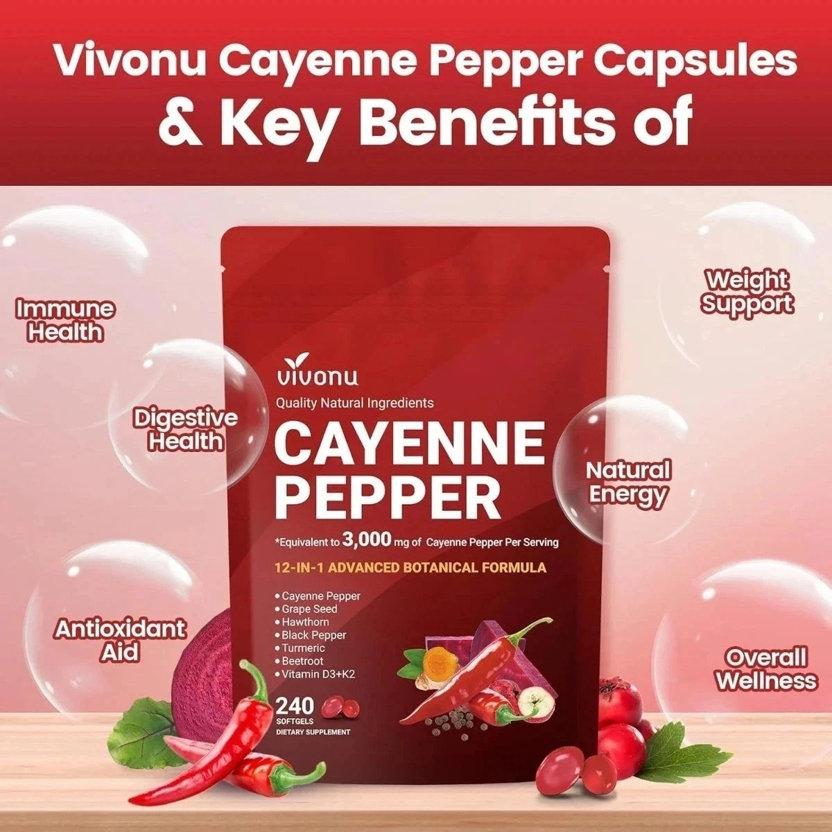 VIVONU Cayenne Pepper Softgels – Supports Leg Vein, Heart & Circulation