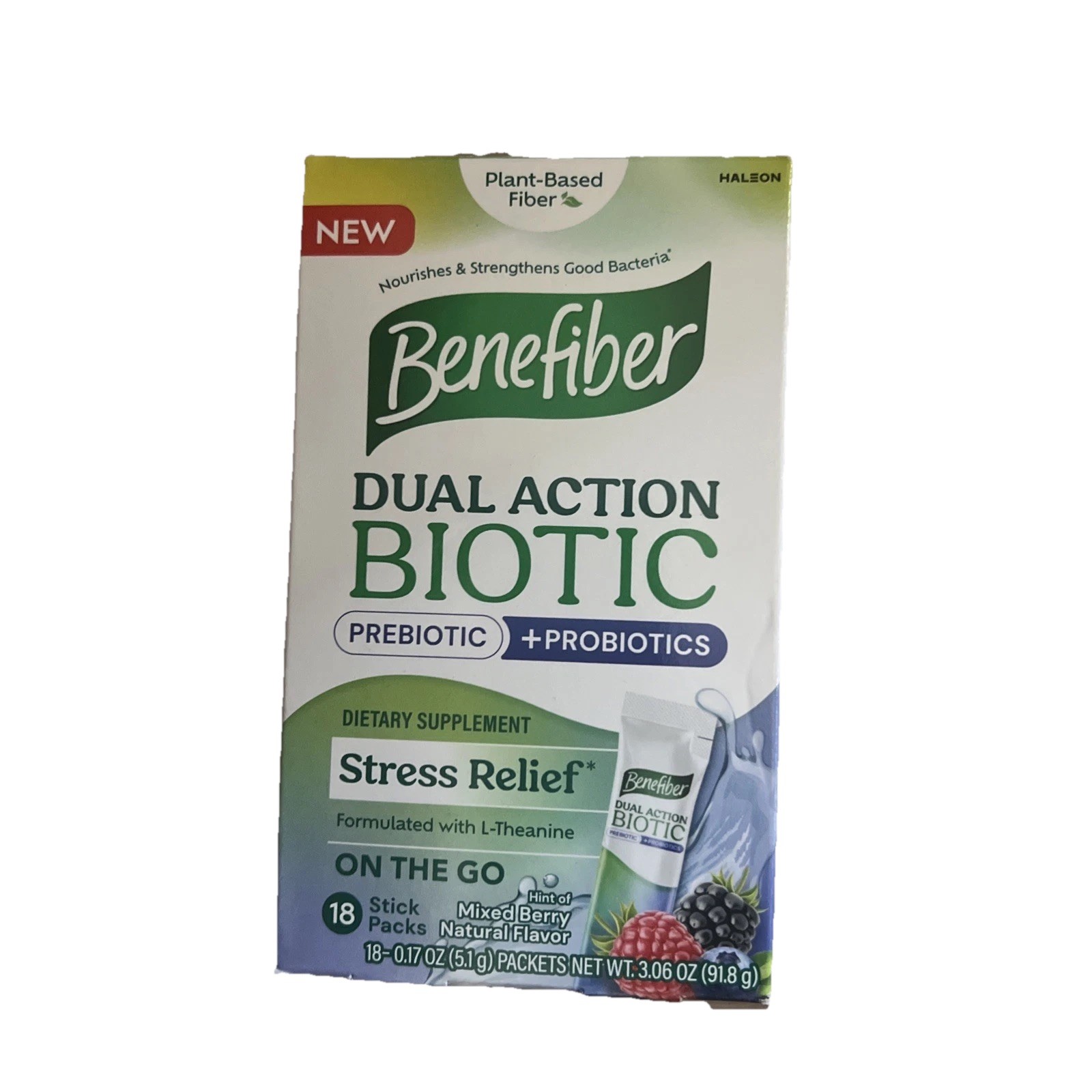 Benefiber Dual Action Biotic Plus Stress Relief Mixed Berry 18 Packs Exp 12/25