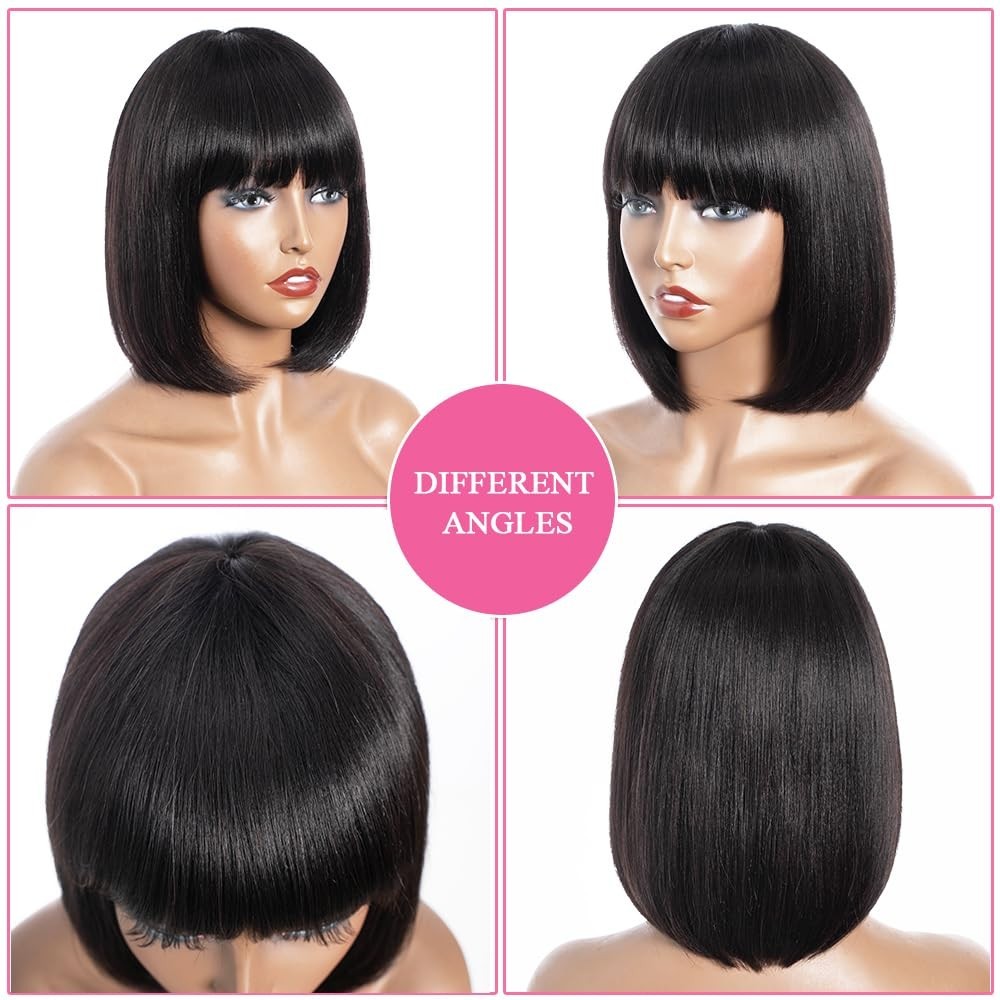 Short Bob Human Hair Wig with Bangs None Lace Front Wigs Brazilian Straight Hair