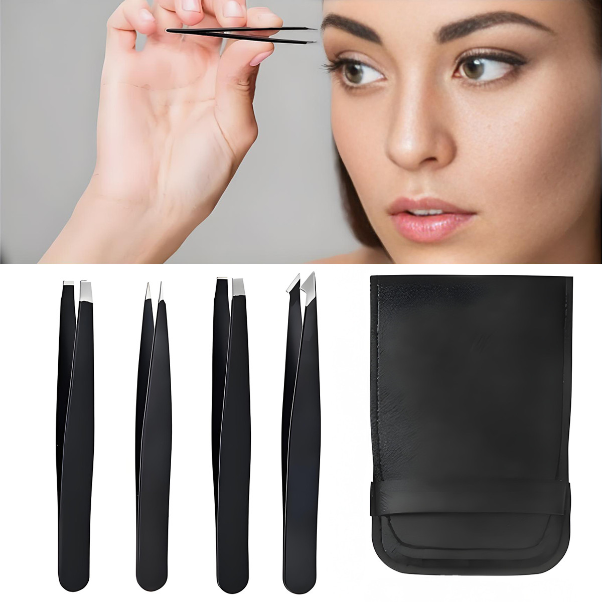 Tweezers Set 4-Piece Professional Black Plucker Stainless Steel With Case