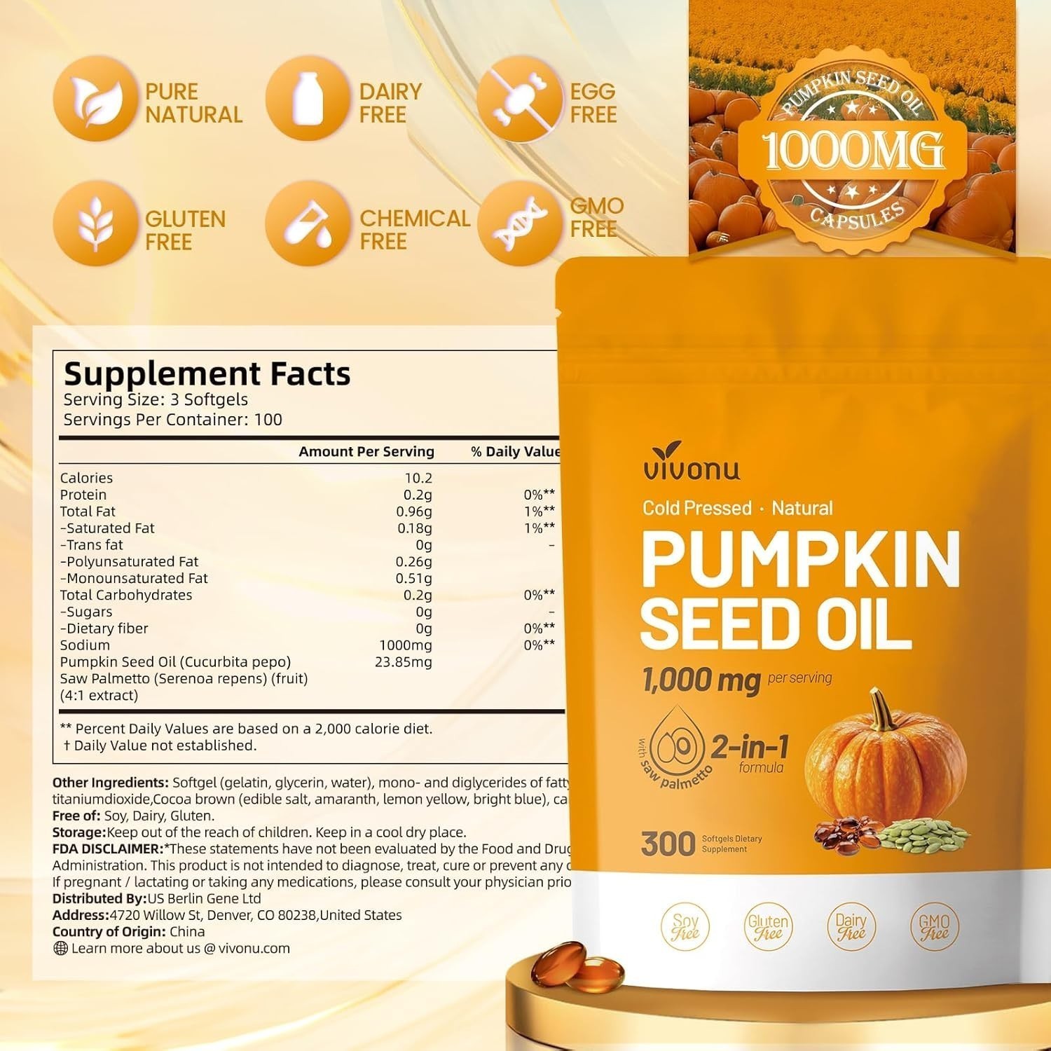 VivoNu Pumpkin Seed Oil with Saw Palmetto Capsules|Cold Pressed, Pure Virgin Oil