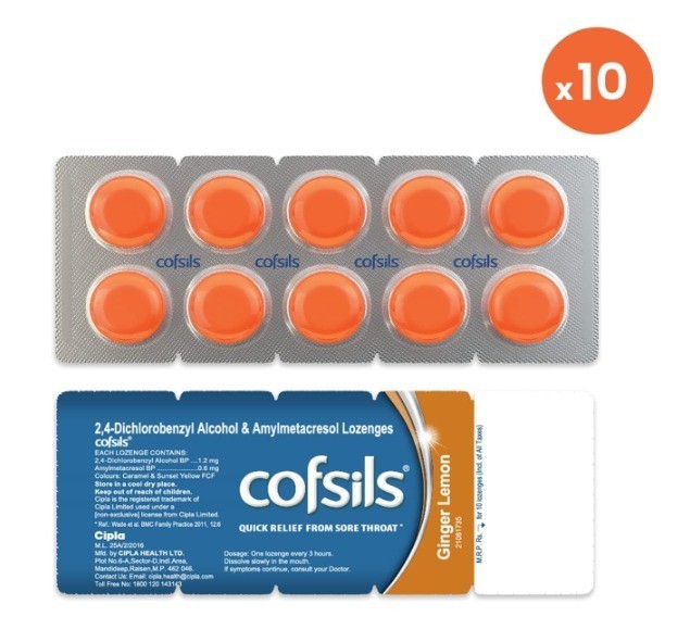 COFSILS 100 Lozenges ginger lemon flavour Quick Relief from Sore Throat (10×10)