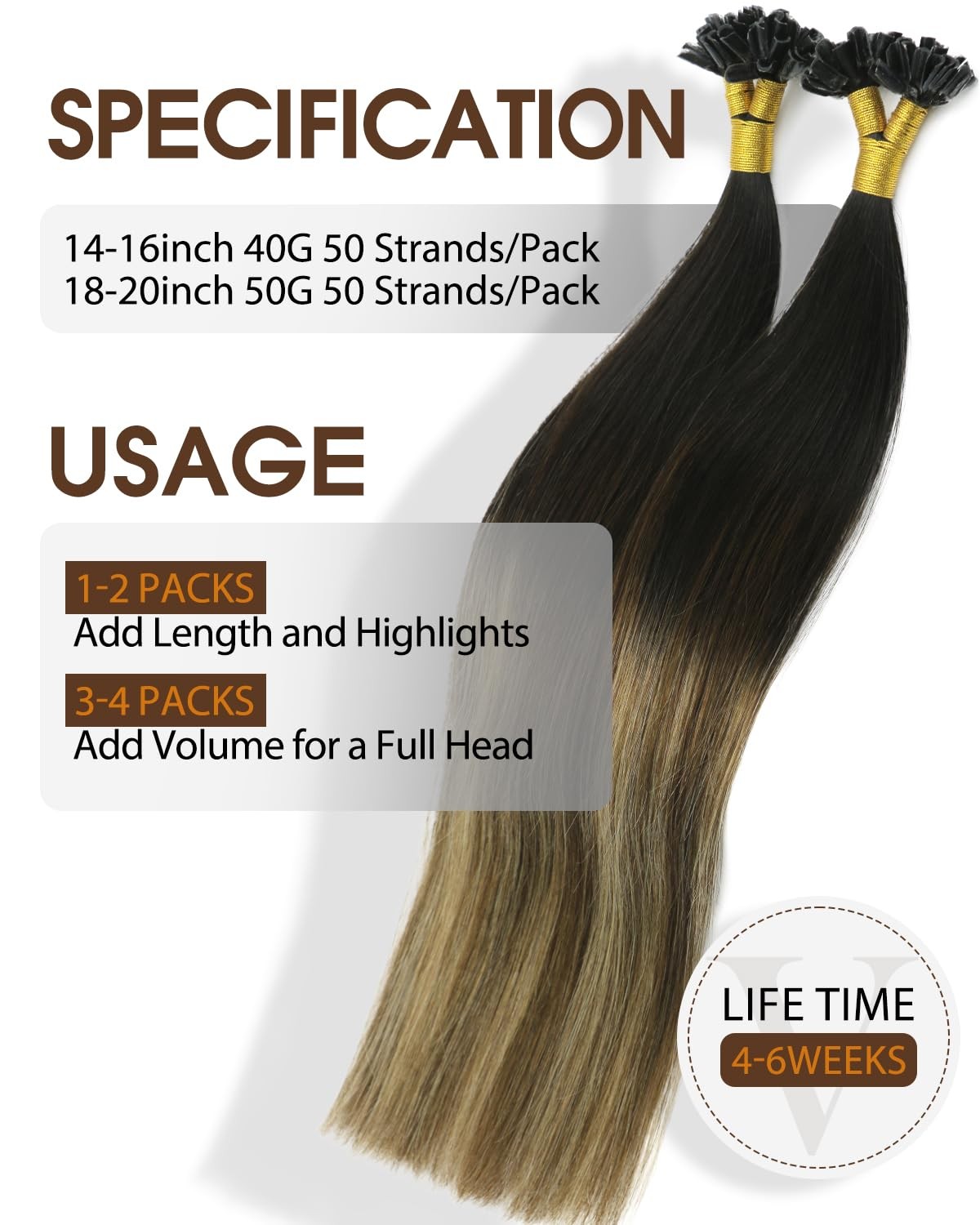 Vinbao U Tip Hair Extensions Human Hair 50G 50S Hot Fusion U Tip Human Hair