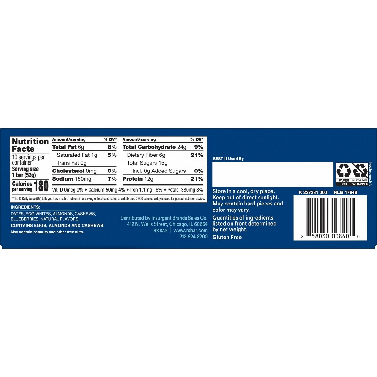 RXBAR Blueberry Protein Bars – 12g Protein – 18.3oz/10ct