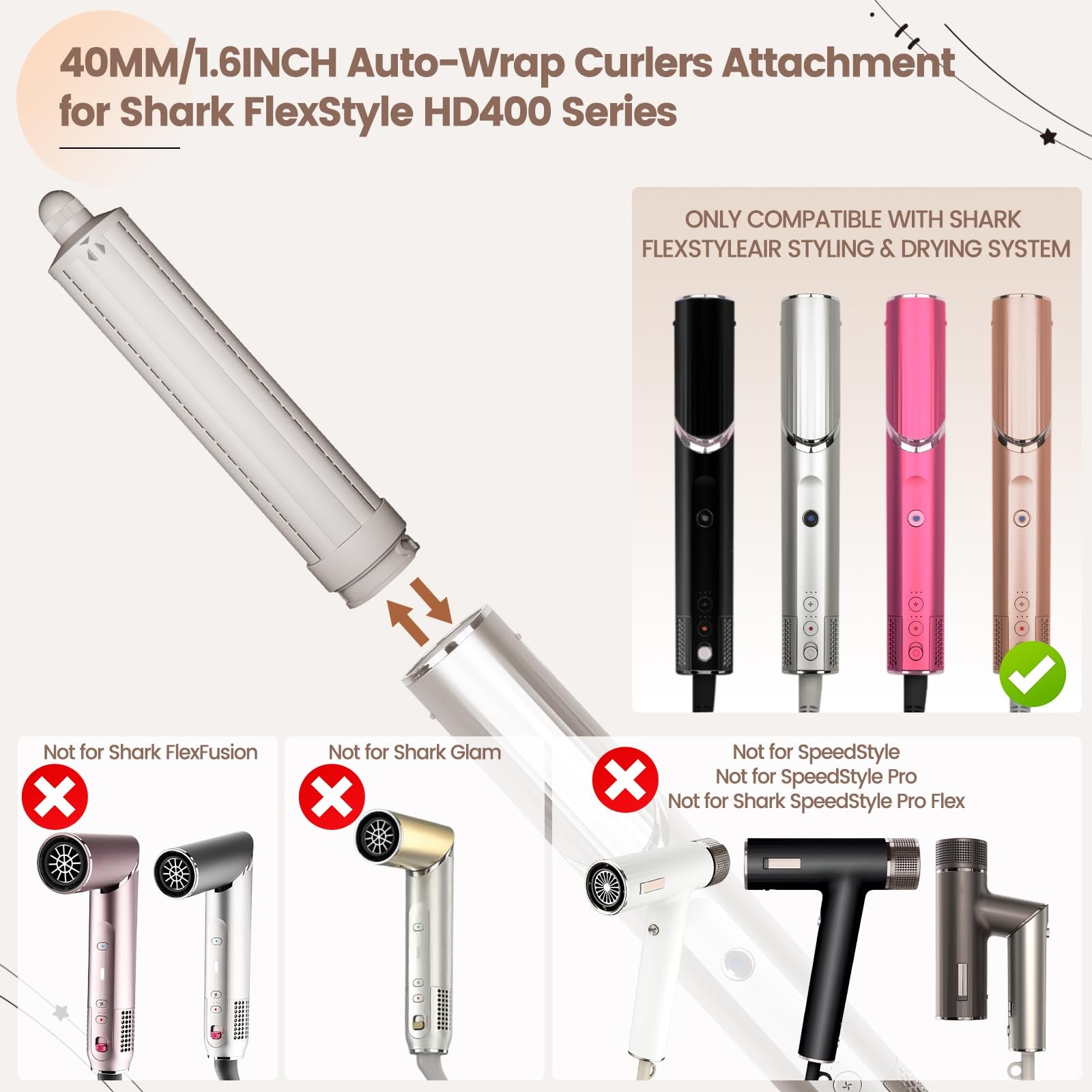 AFDD 1.6in Long Hair Curling Barrel Attachment Compatible with Shark FlexStyle,