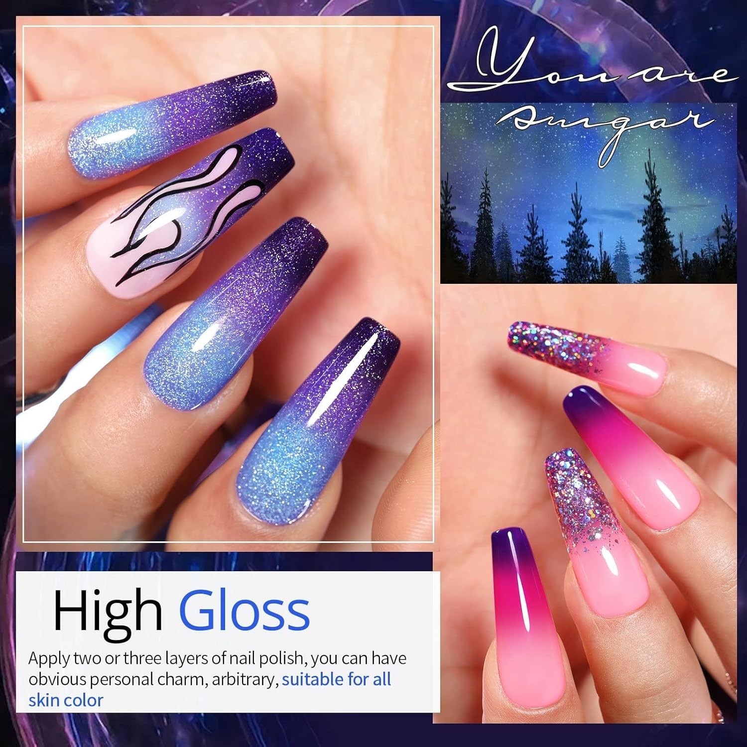 UR SUGAR Glitter Gel Nail Polish Set, 6 Colors Glitter 9D Cat Magnetic Eye Black