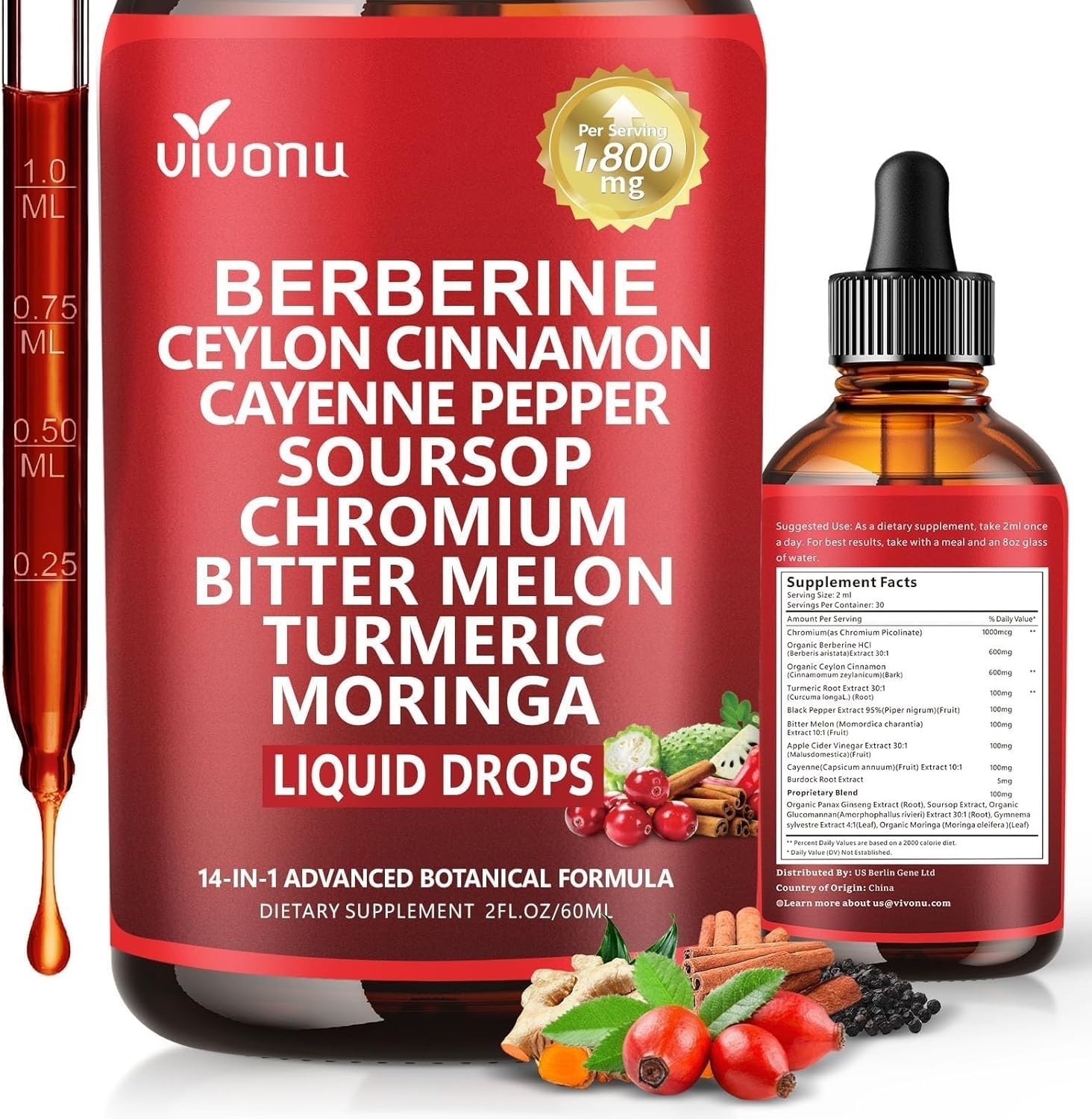 Berberine with Ceylon Cinnamon Supplement Liquid Drops + Bitter Melon Extract