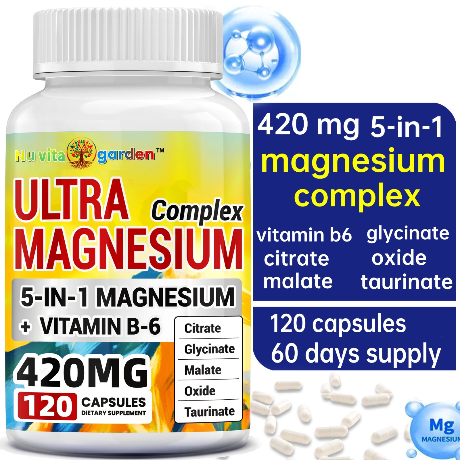 5-in-1 Magnesium Complex 420mg, 120 Veggie Capsules – 60 Days Servings
