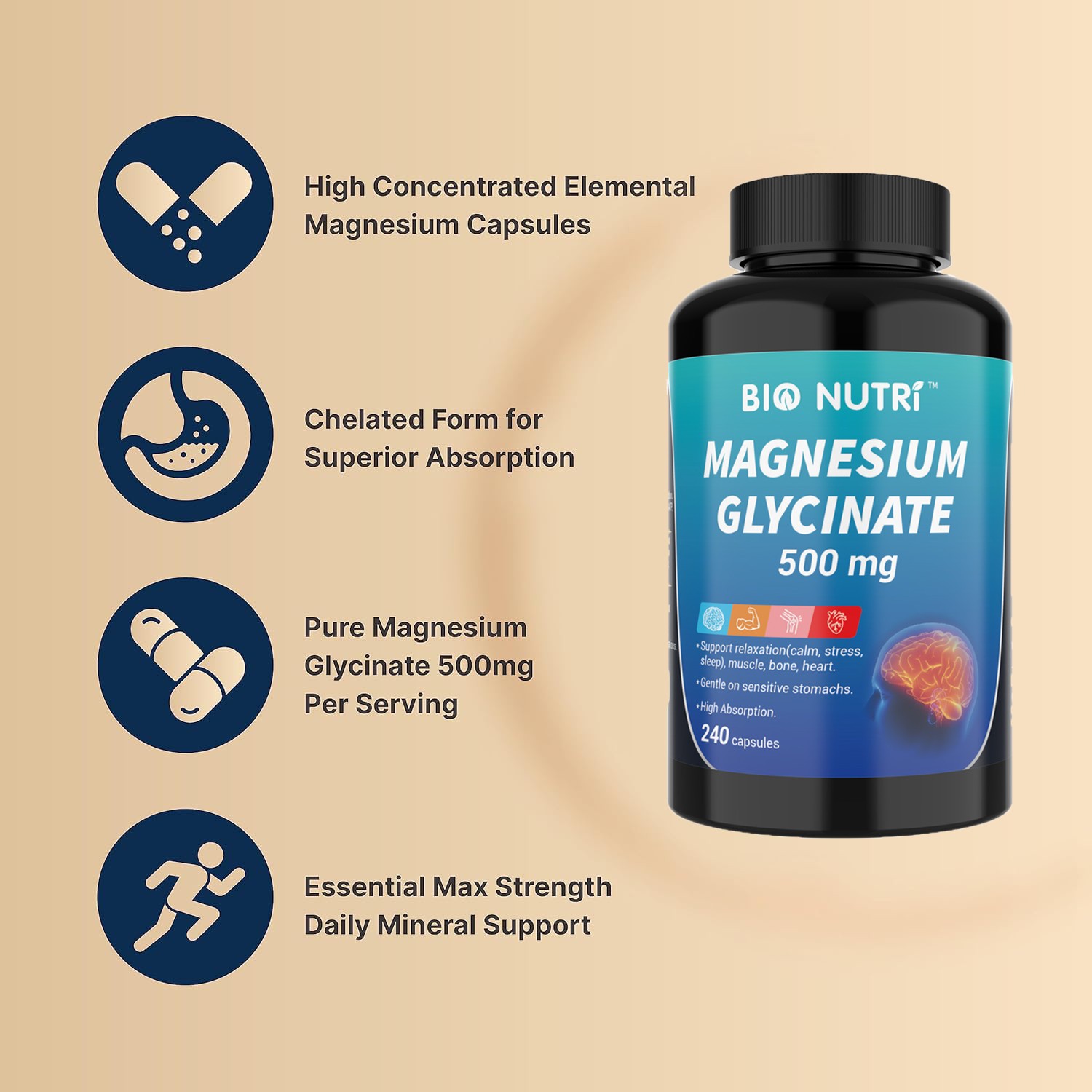 BIO NUTRI Magnesium Glycinate Supplement | 500mg 240 Pills Non-GMO & Gluten Free