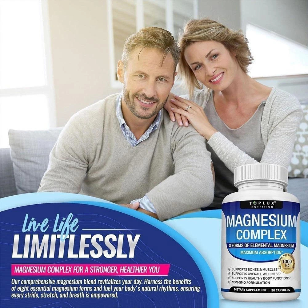 1-3Pack Toplux Nutrition Magnesium Complex 1000mg Supports 8 Elemental Magnesium