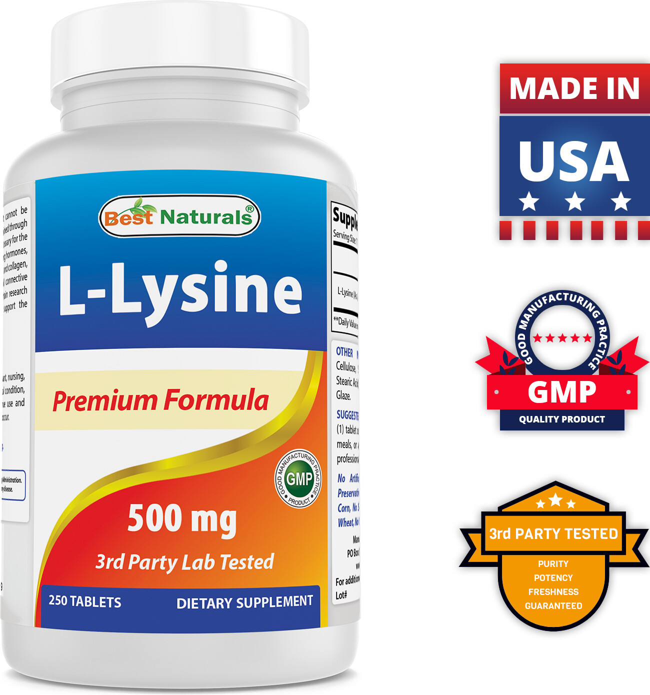 2 Pack Best Naturals L-Lysine 500 mg 250 Tablets