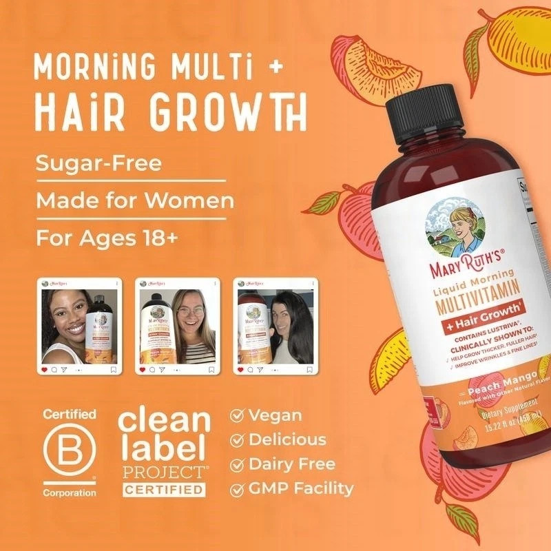 Mary Ruth’s Morning Multivitamin Hair Growth Solution 2 Pack Peach Mango 15.22OZ