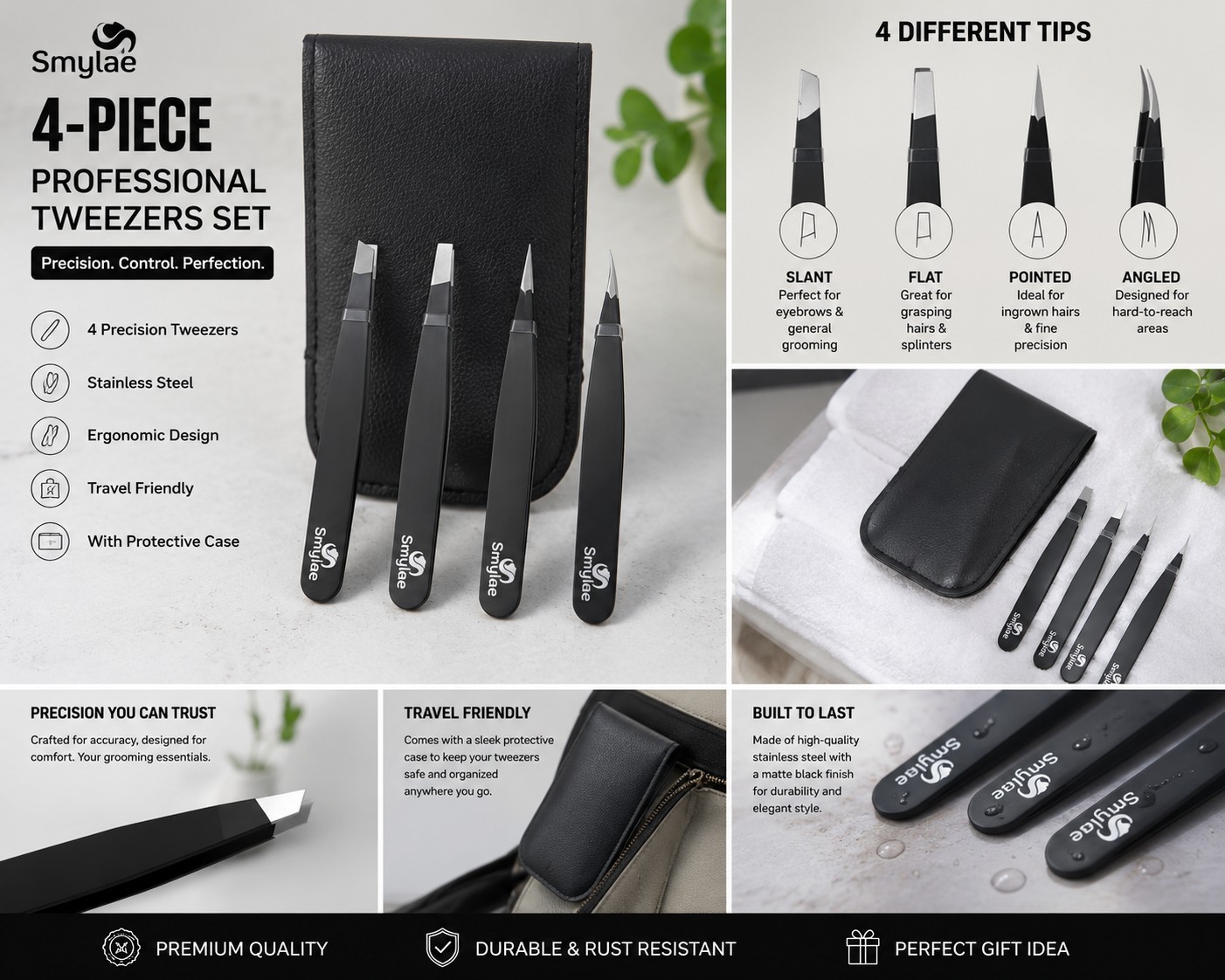 Professional Tweezers Set 4-Piece Black Plucker Stainless Steel