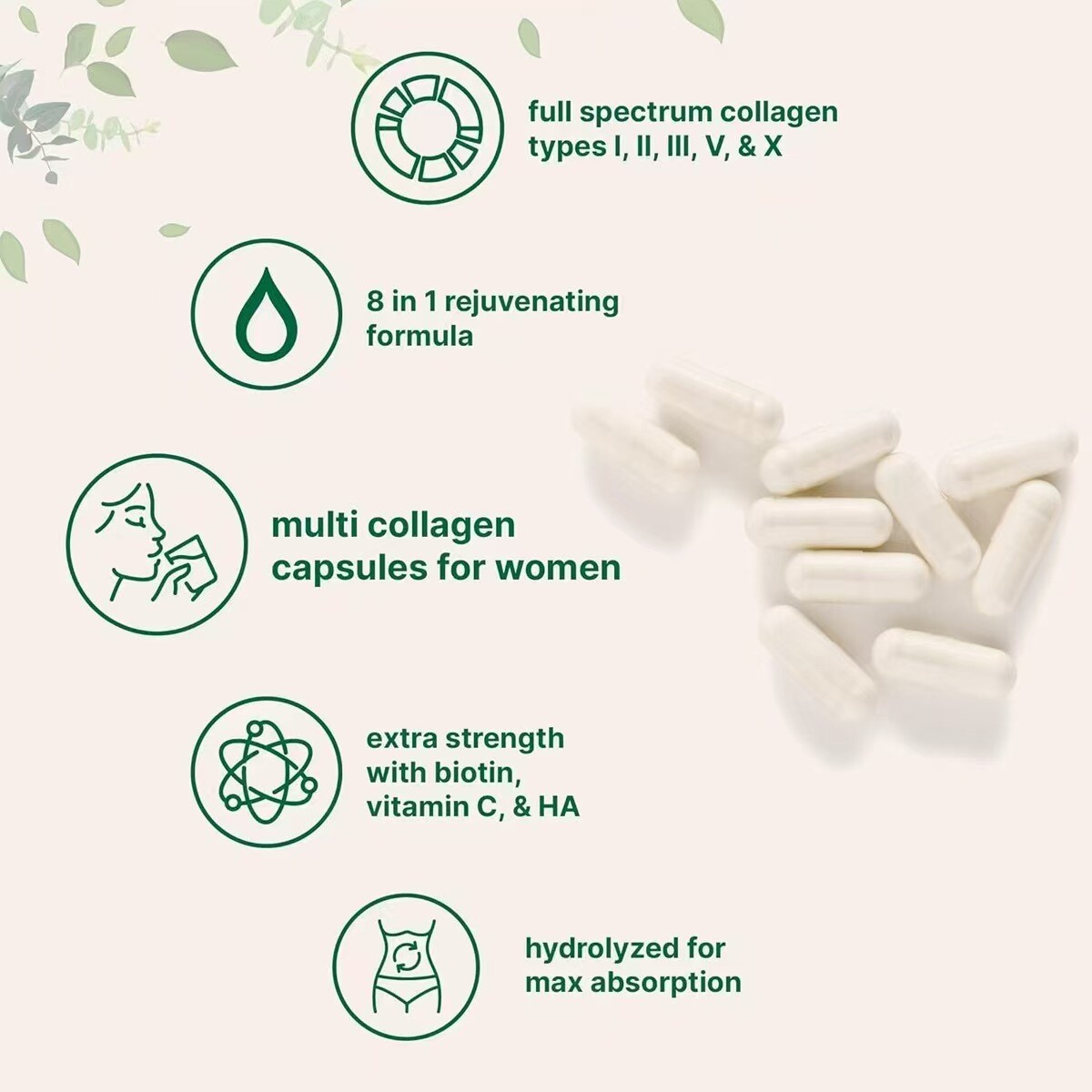 Multi Collagen 8 in 1 Complex for Women ~ 240 Capsules ~ Type I, II, III, V, X