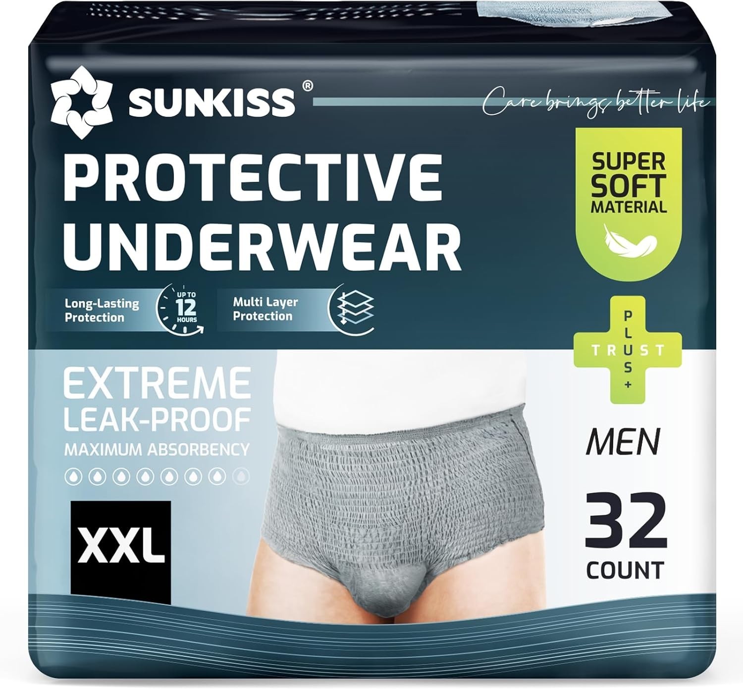 SUNKISS Men Incontinence Underwear Max Absorbency XXL Gray 32 Count