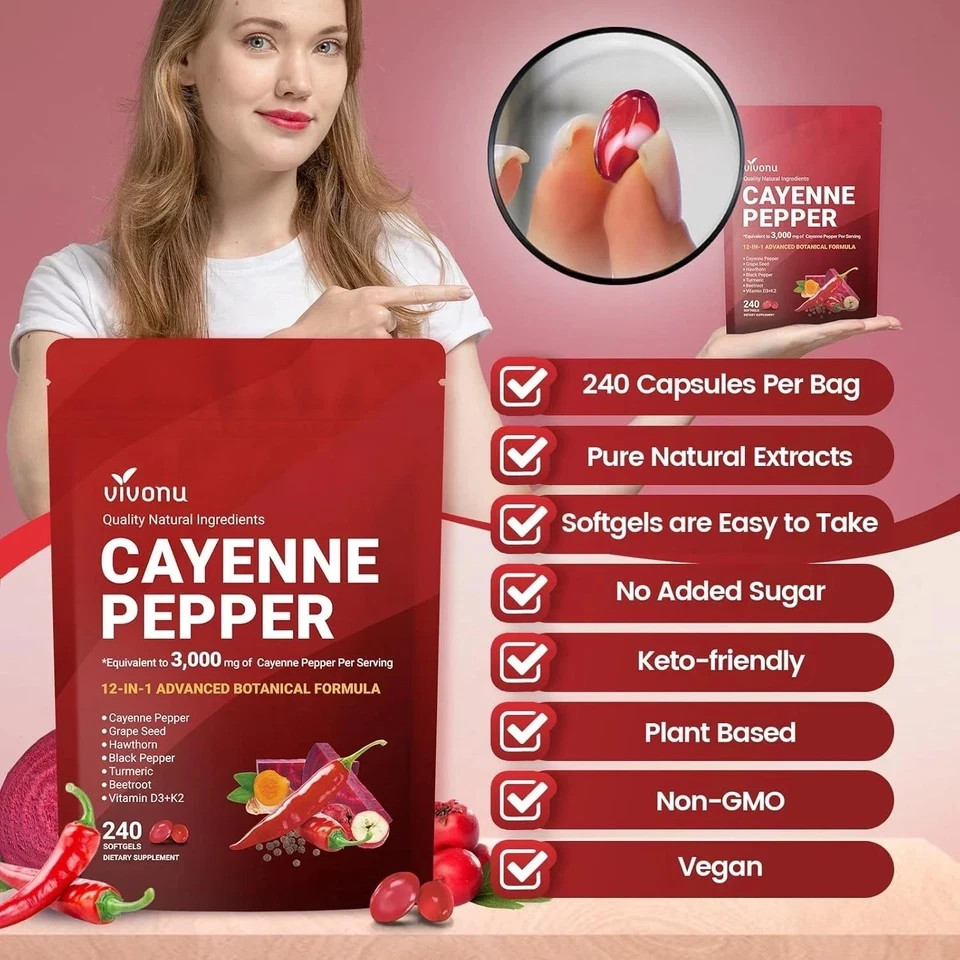 VivoNu Cayenne Pepper Softgels Supports Heart Vein Blood Vessel Health Vitamin E