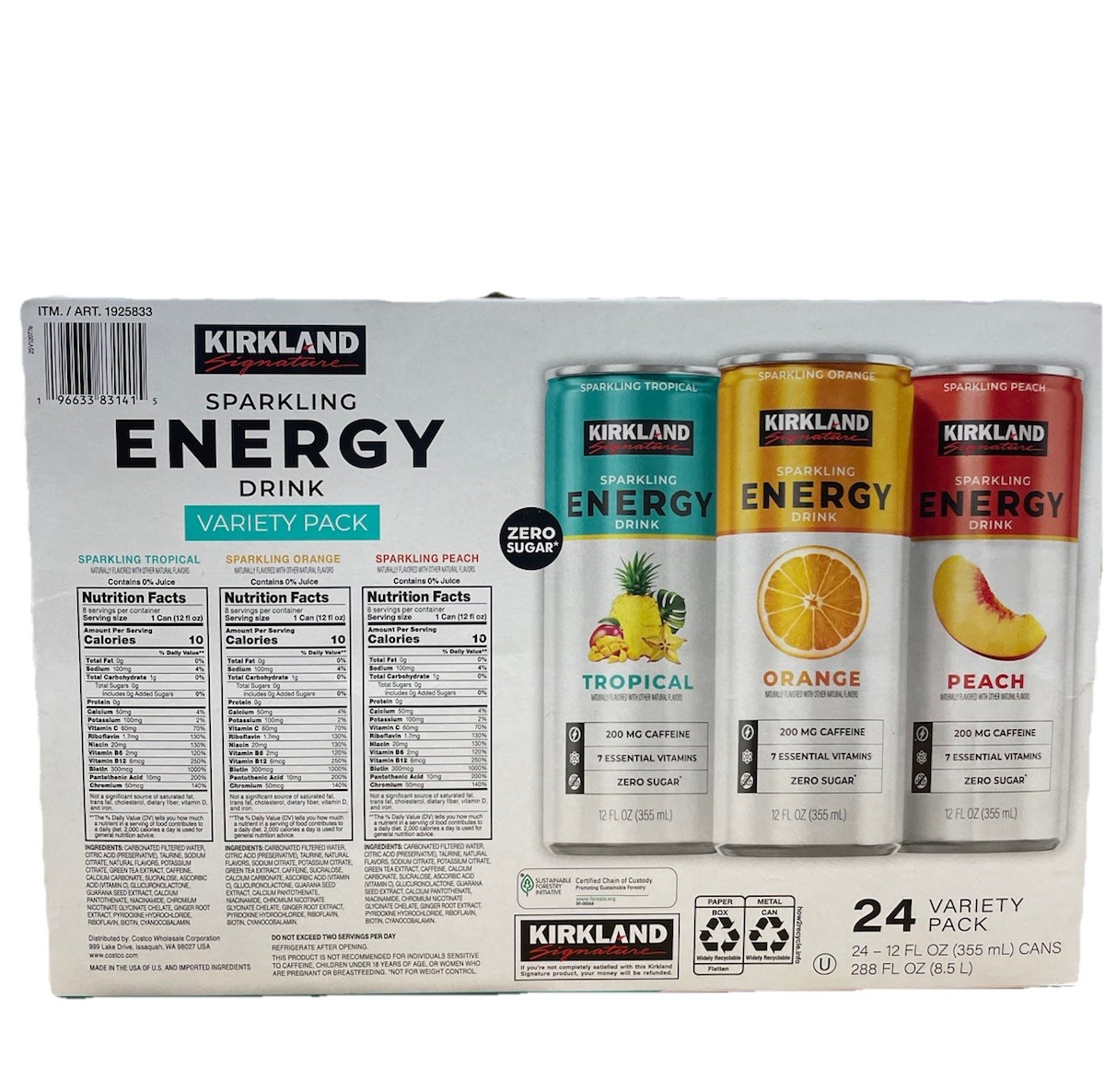 Kirkland Signature Sparkling Energy Drink, Variety Pack, 12 fl oz, 24-count