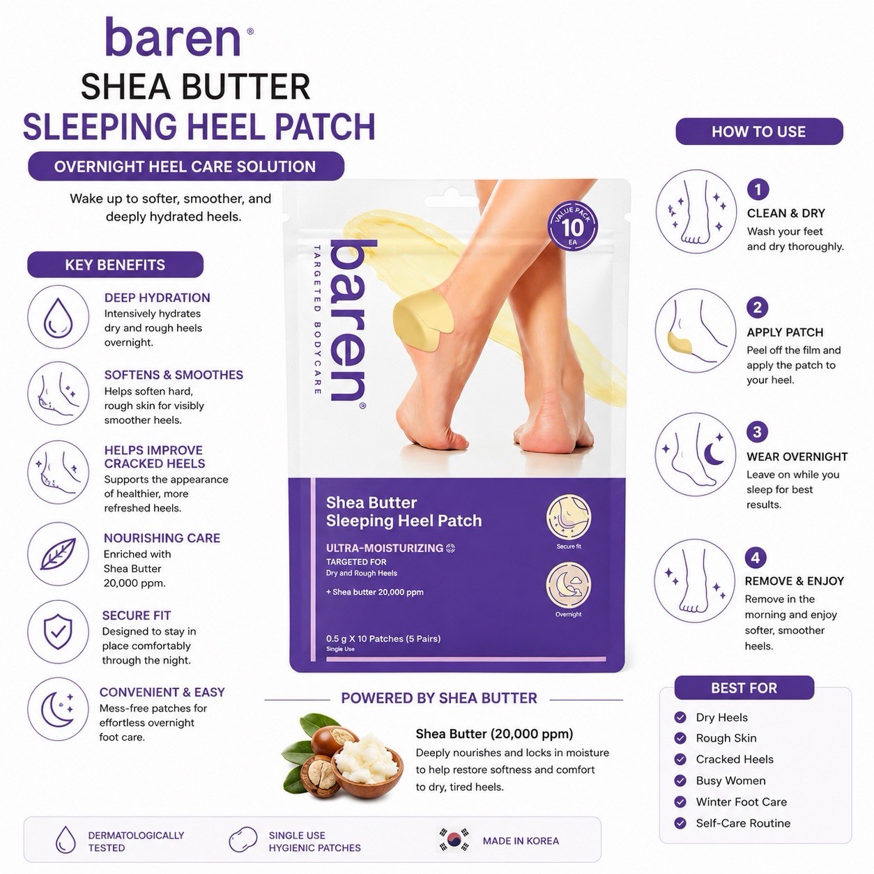 baren Shea Butter Sleeping Heel Patch for Cracked Heels 10 Patches 0.5g