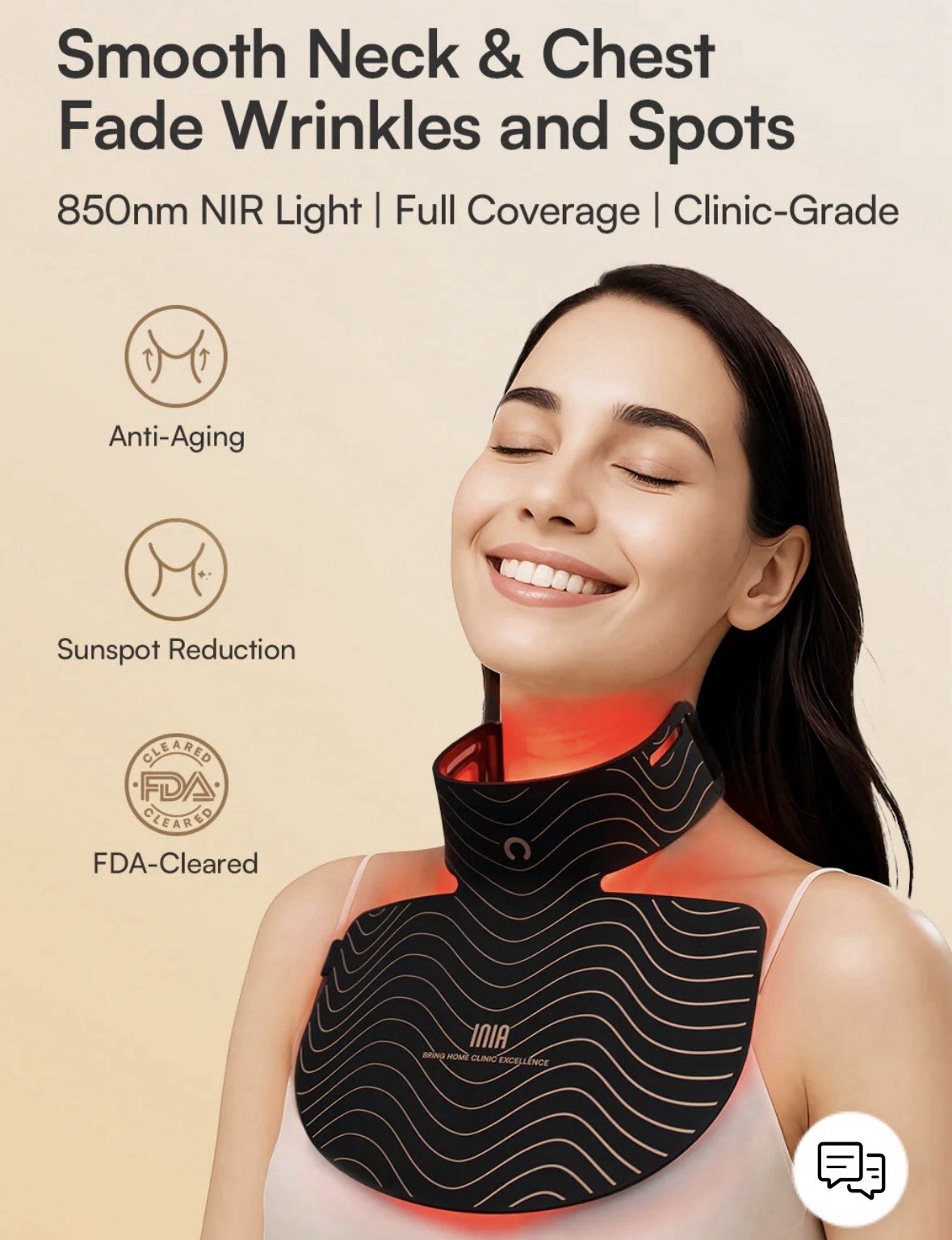INIA Glow 2 Neck & Chest LED Light Therapy Mask Anti-Aging, Portable, Black