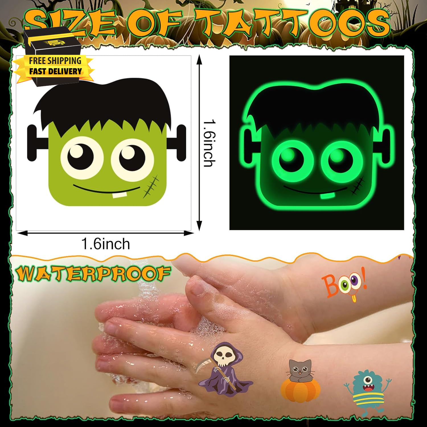 Halloween Temporary Tattoos for Kids, 180 Pcs 1.6 Inch Glow in Dark Bulk Tattoos