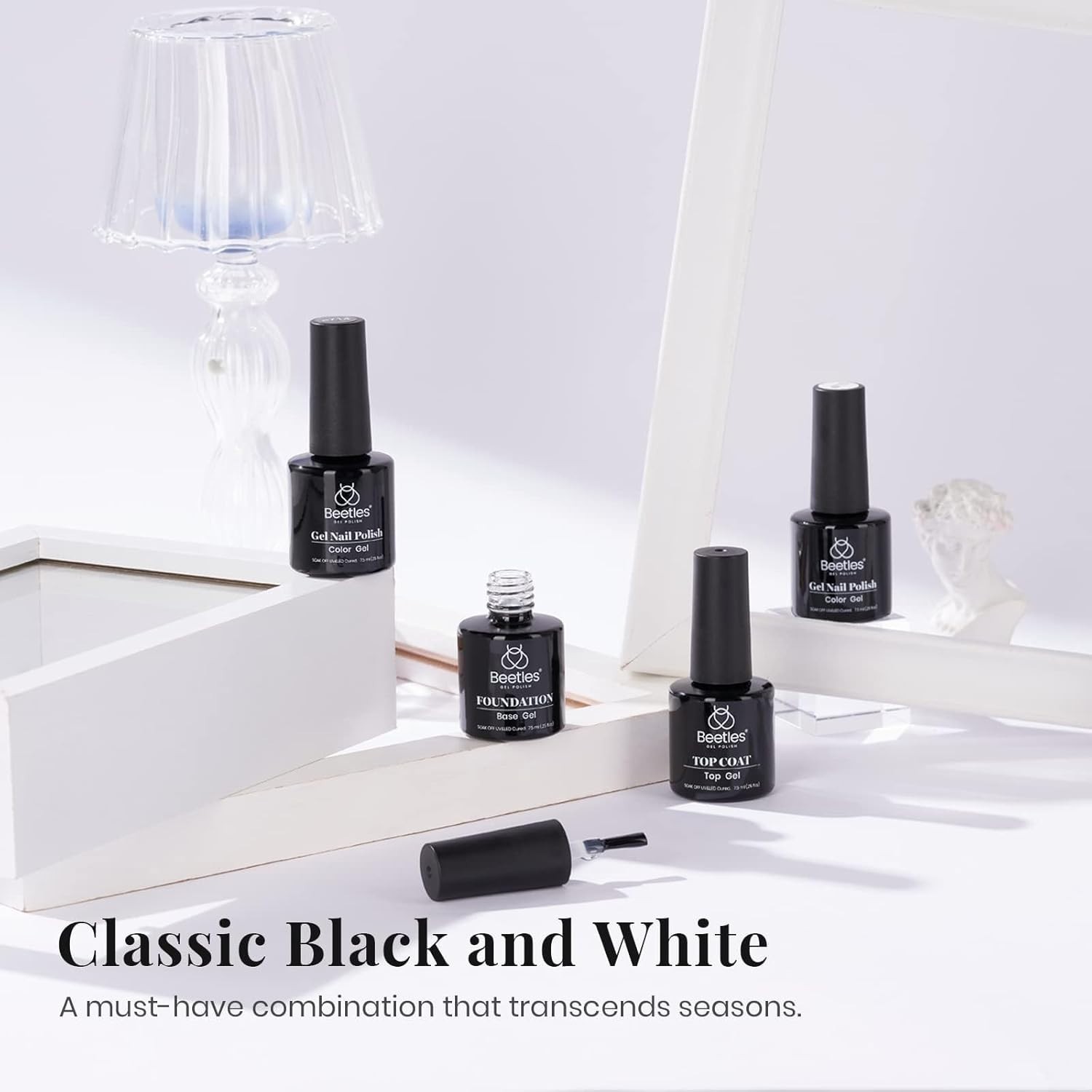 Beetles Gel Nail Polish Set- 4Pcs White Black Gel Nail Polish with No Wipe Top&B