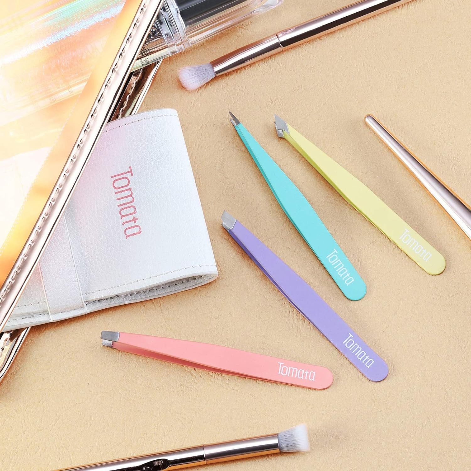 Tomata Tweezers for Eyebrows, Slant Tip and Pointed Eyebrow Tweezer Set