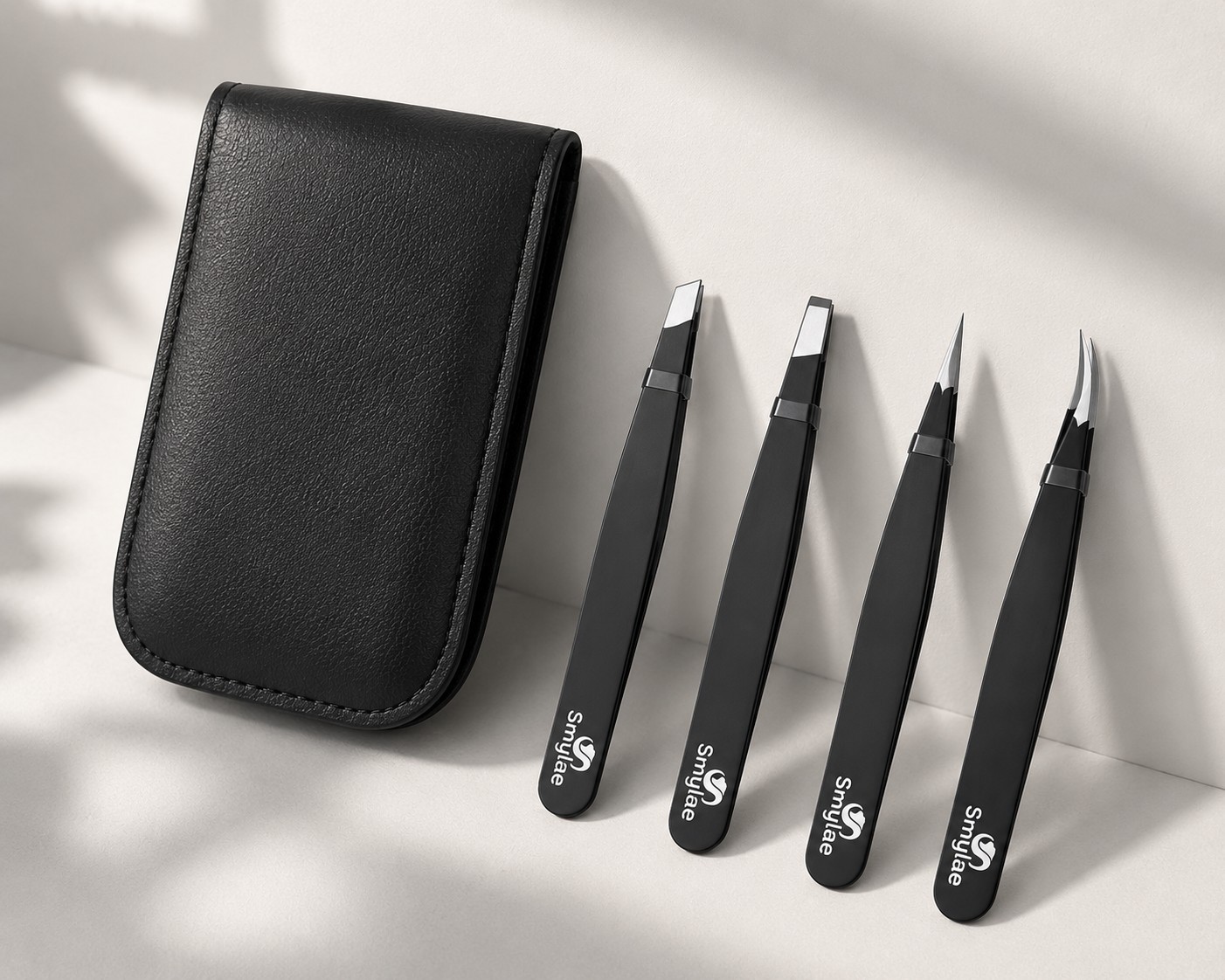 Professional Tweezers Set 4-Piece Black Plucker Stainless Steel