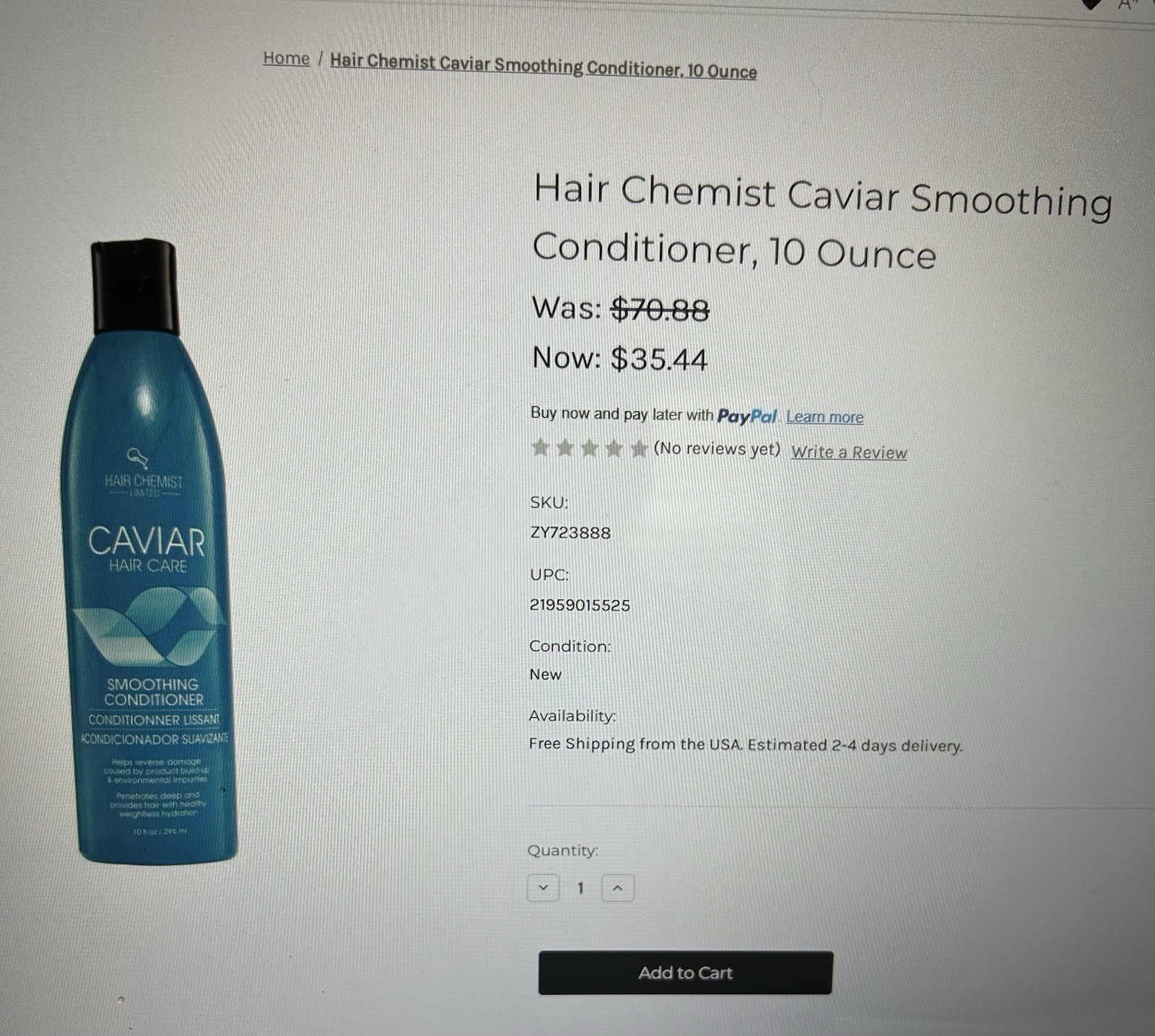 Hair Chemist Caviar Hair Care Smoothing Conditioner, Standard Size 10 fl oz