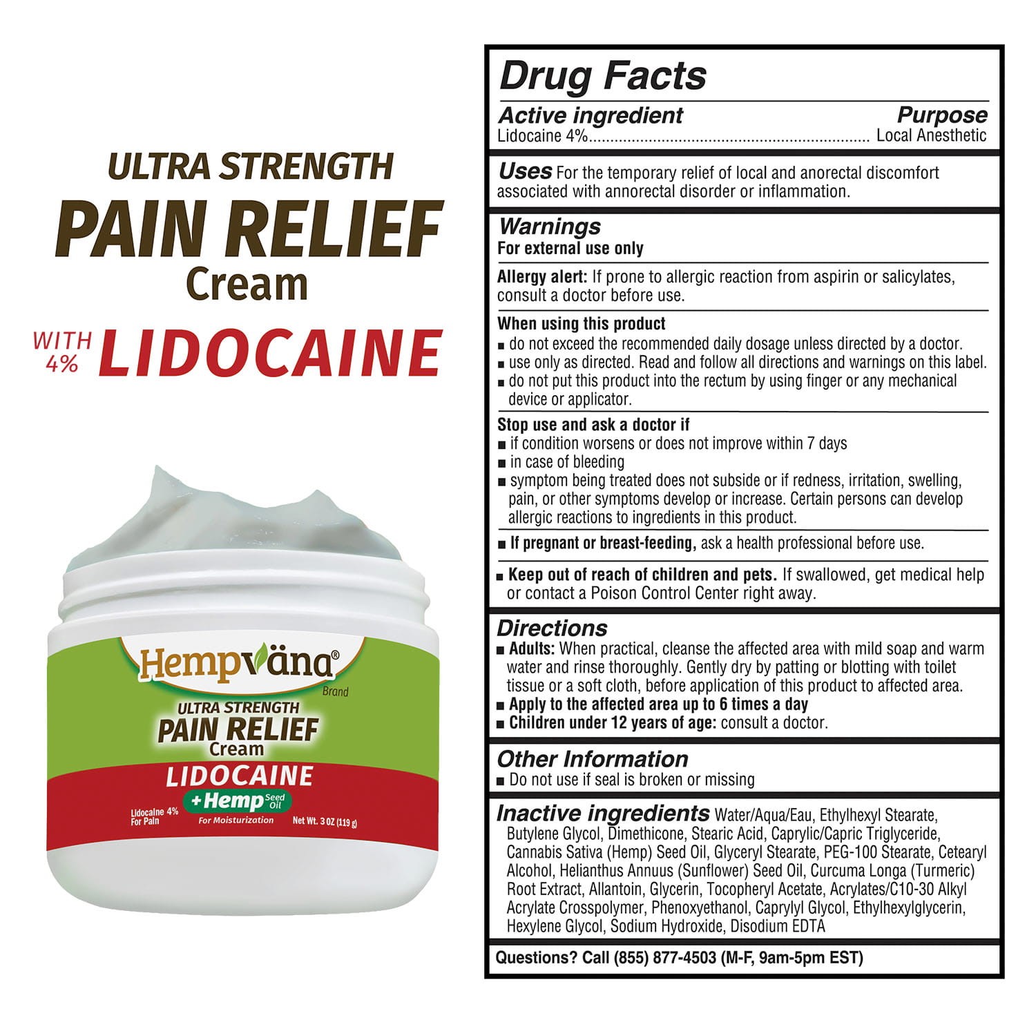 Hempvana Pain Cream Lidocaine, Ultra Strength, Pain Relief, AS-SEEN-ON-TV,