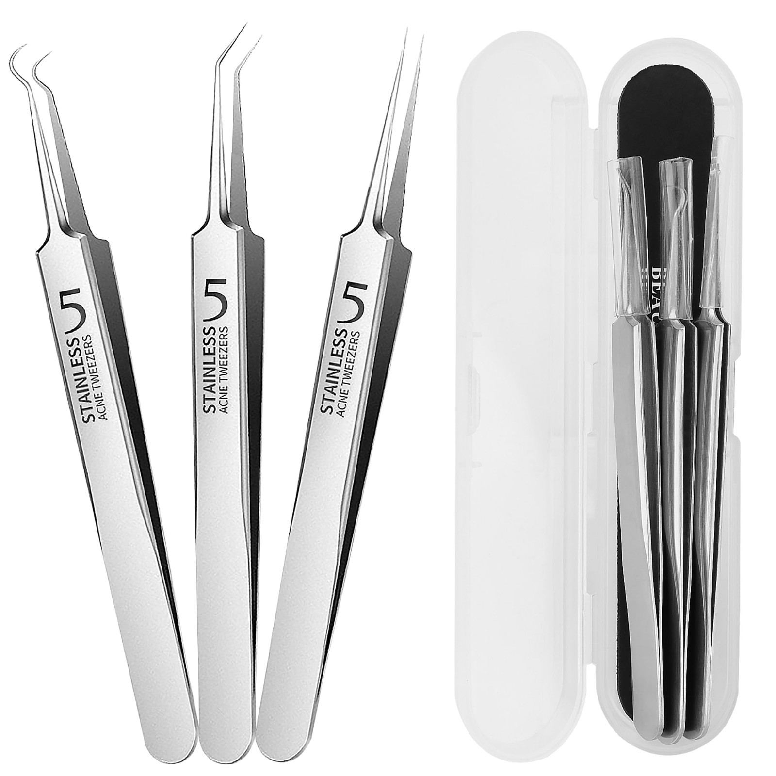 Professional Blackhead Tweezers Set – Stainless Steel Pimple Popper Tool Kit, Ex