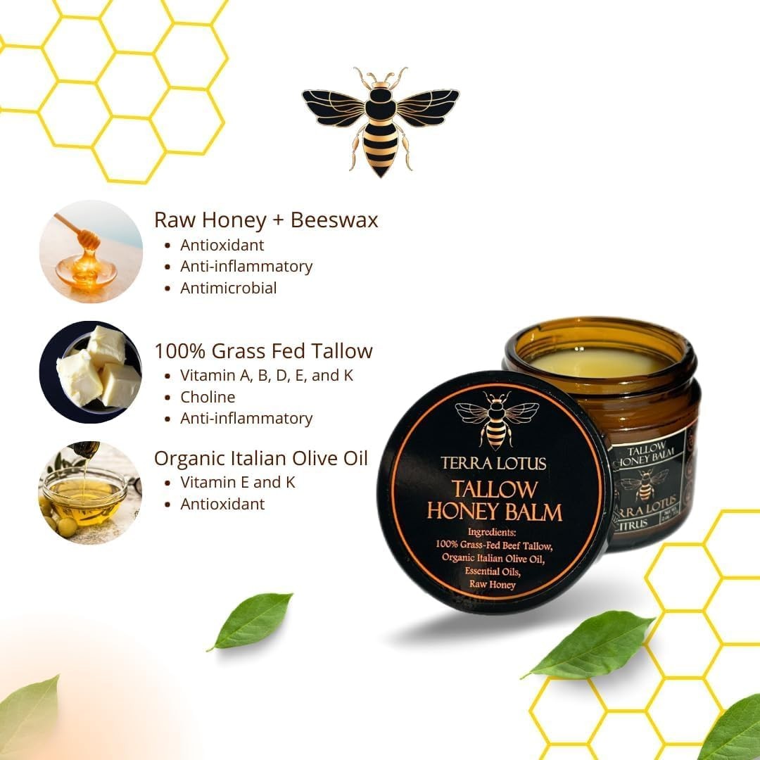 Organic Grass-Fed Beef Tallow Balm w/Raw Honey-Moisturizing Cream 2 Oz, Lavender