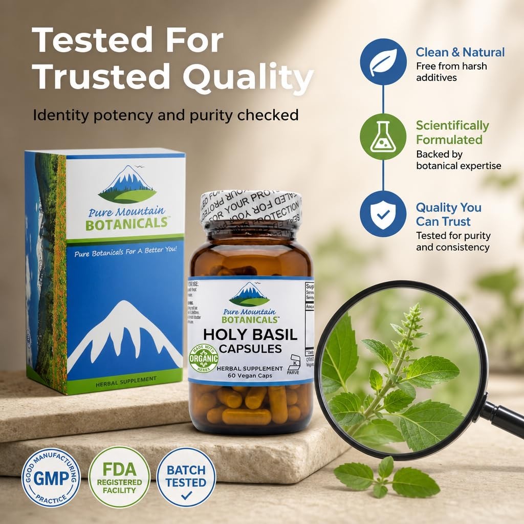 Pure Mountain Botanicals Holy Basil Supplement – Kosher Organic Tulsi Capsules