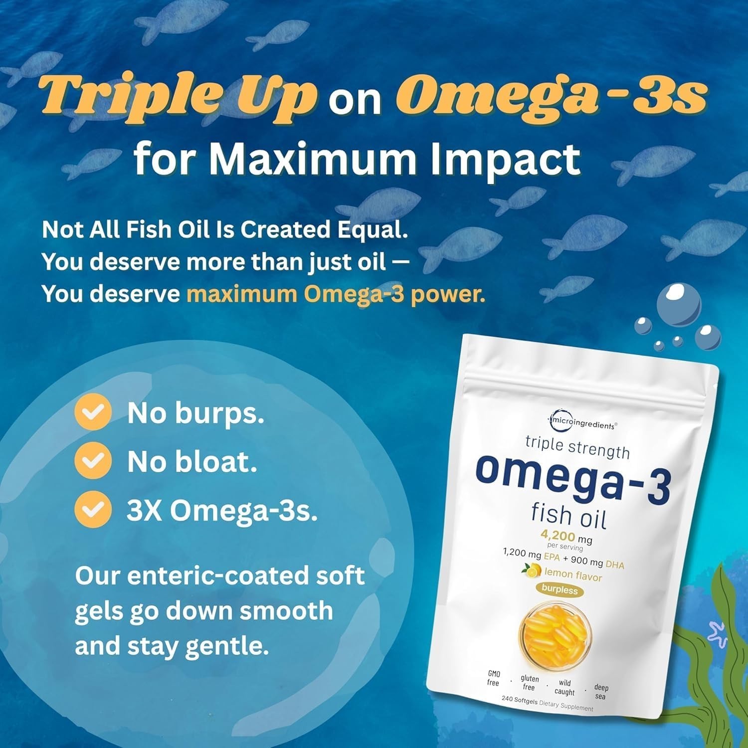 Triple Strength Omega-3 Fish Oil 4200mg Softgels – Lemon Flavor & Burpless, 2…