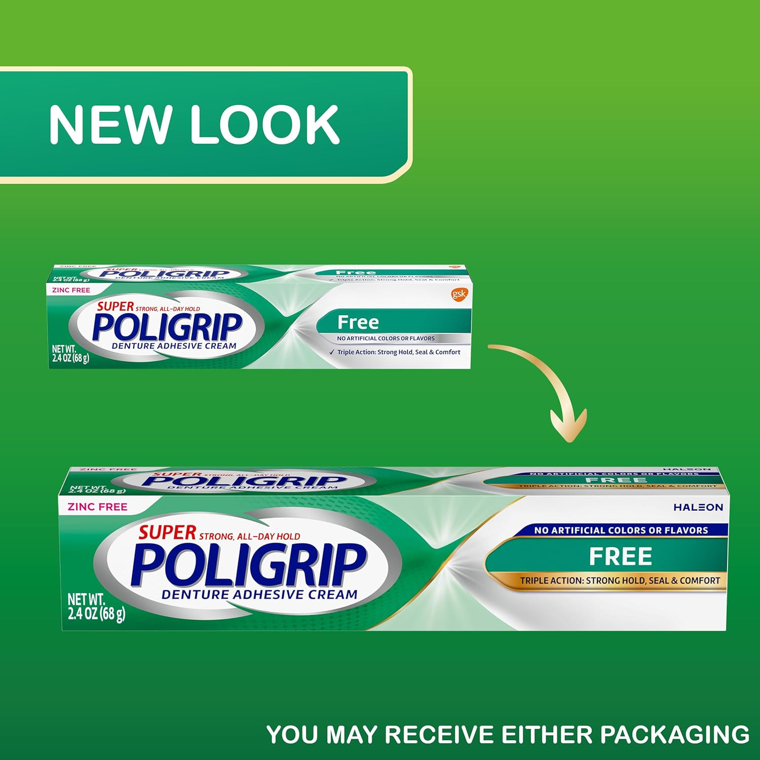Poligrip Free Denture Adhesive Cream, Strong All Day Hold, Food Seal, Comfort, C