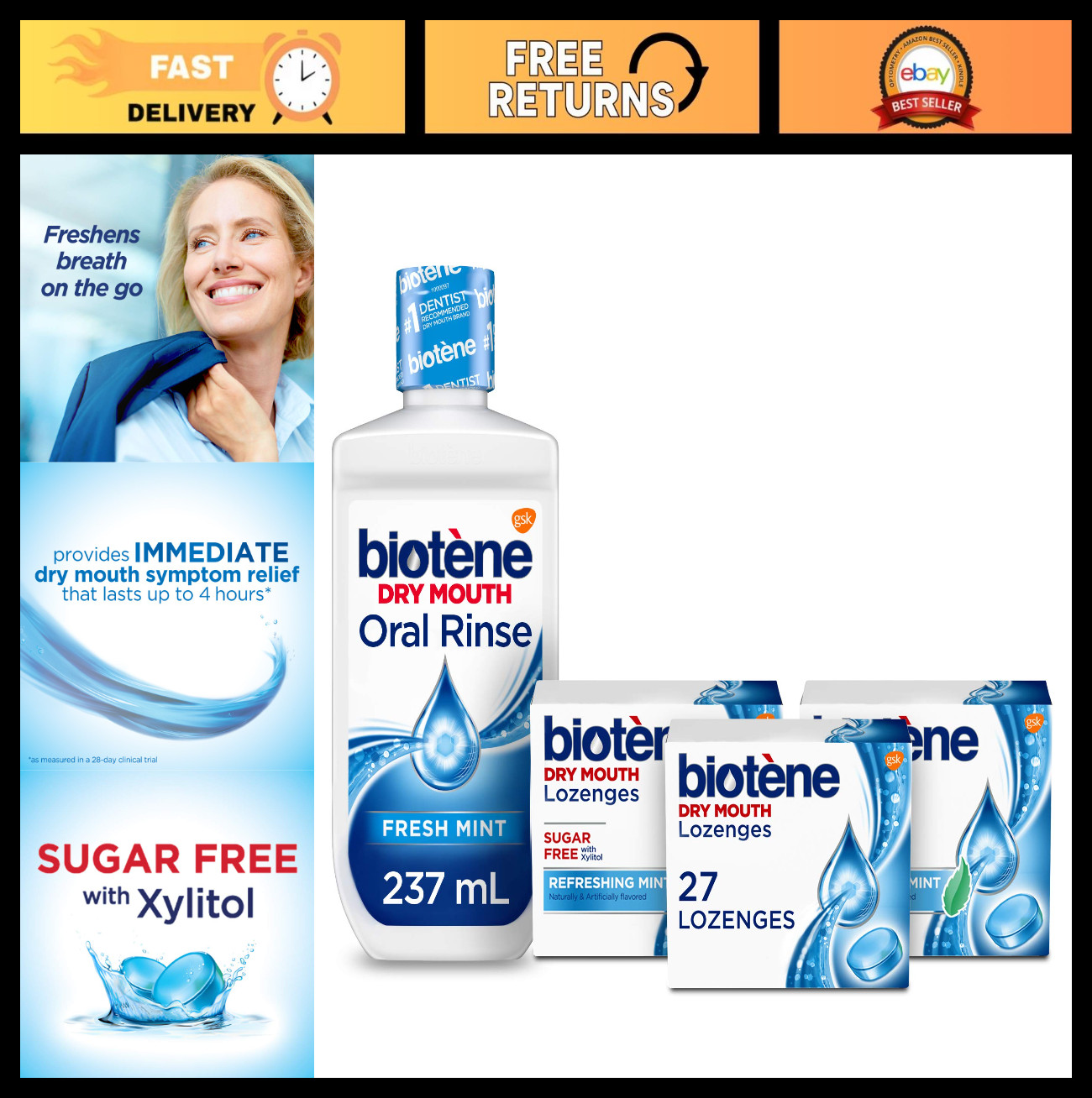 Moisturizing Oral Rinse & Lozenges for Dry Mouth, Alcohol-Free, Mint Flavor, 33.